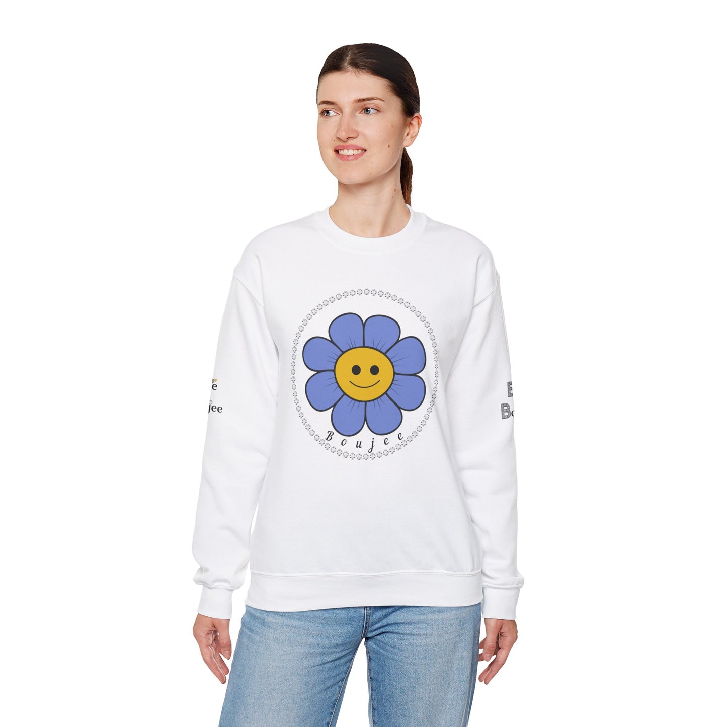 Boujee Flower Smiley Face Blue Gold - Heavy Blend™ Light Colors Crewneck Sweatshirt