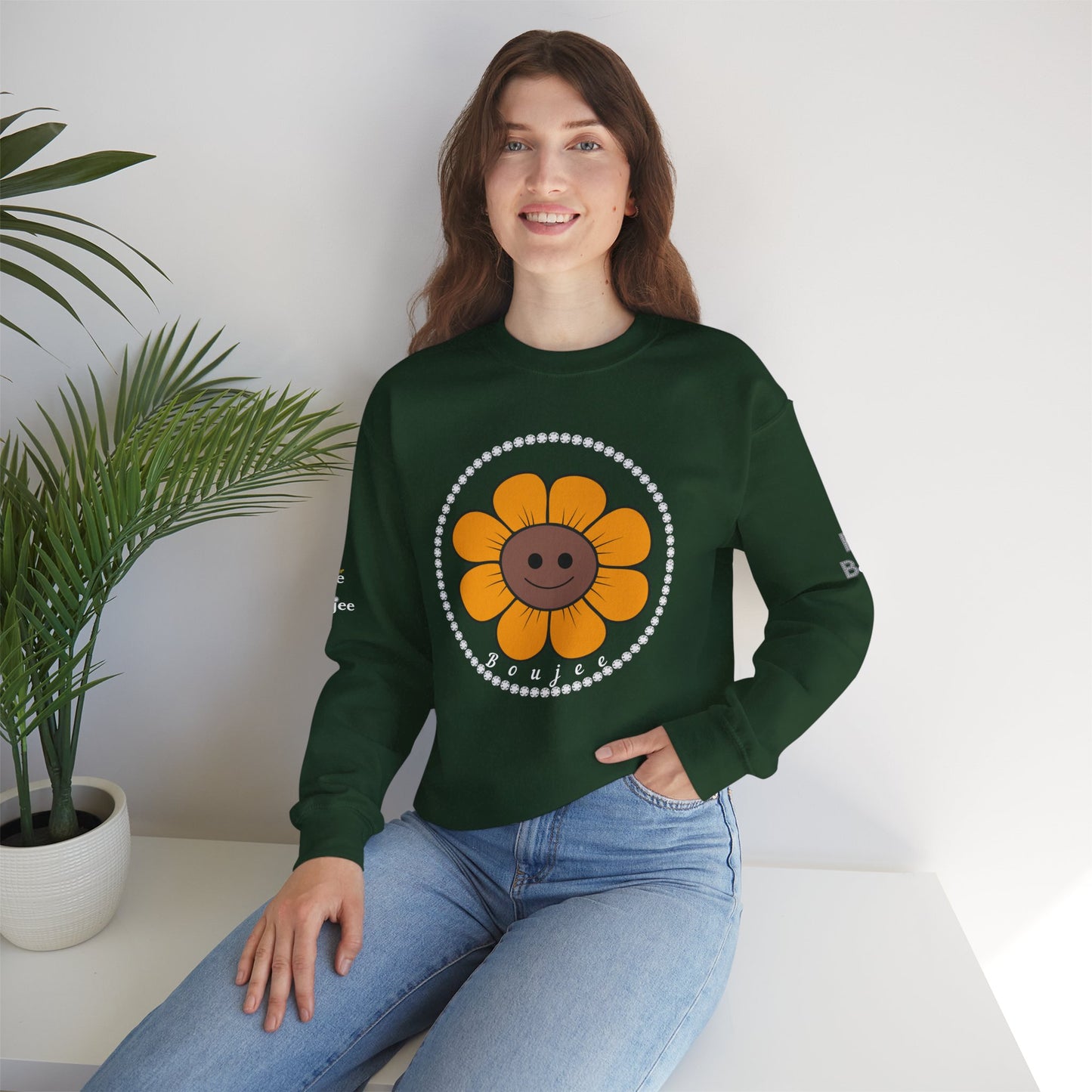 Boujee Flower Smiley Face Gold Brown - Heavy Blend™ Dark Colors Crewneck Sweatshirt