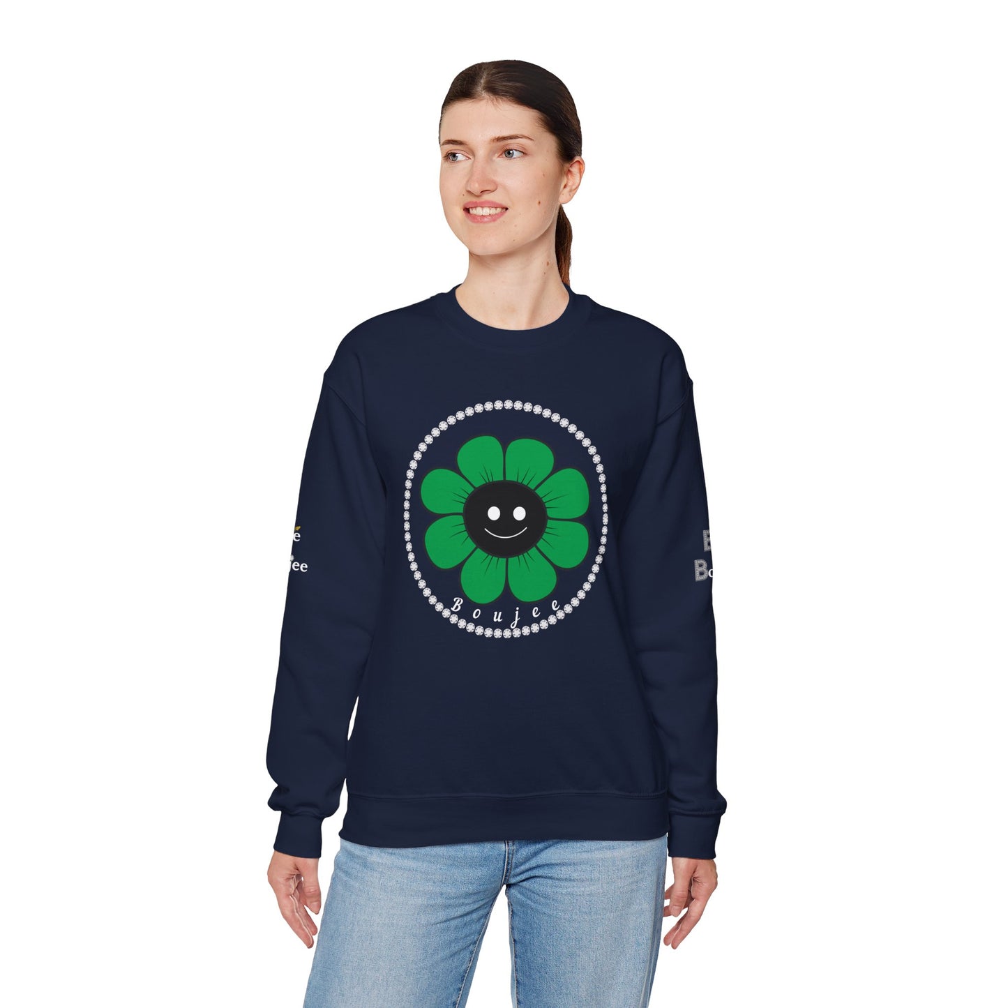 Boujee Flower Smiley Face Green Black - Heavy Blend™ Dark Colors Crewneck Sweatshirt