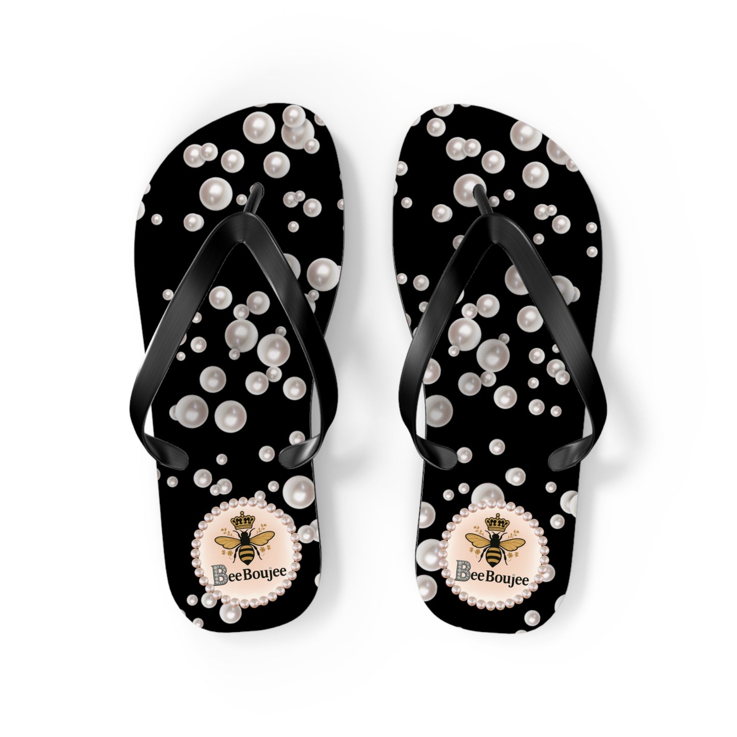 Bee Boujee Flip Flops - BLACK in Sea of Pearls - MEDIUM