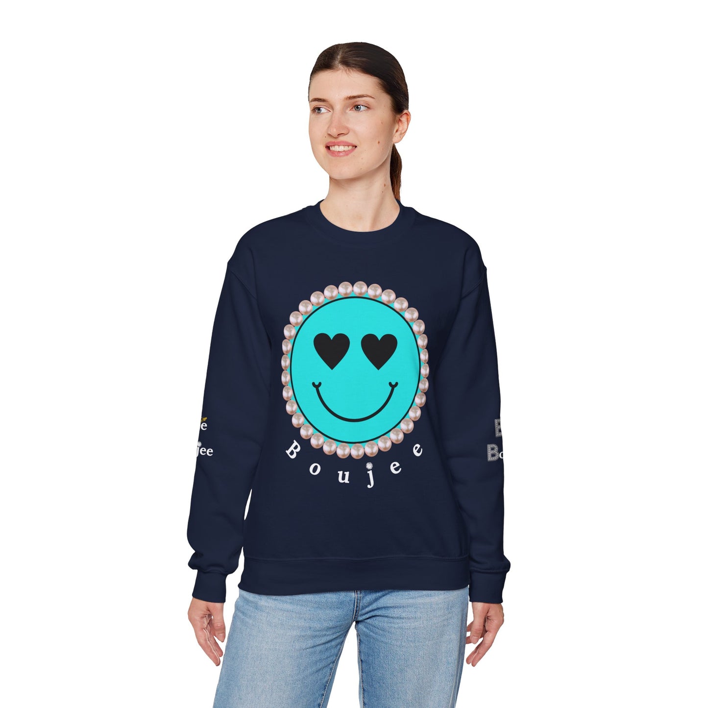 Bee Boujee - Boujee Smiley Face Turquoise in Diamonds Heavy Blend™ Dark Colors Crewneck Sweatshirt