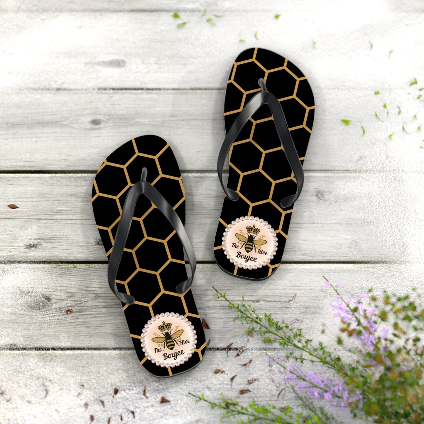 The Boujee Hive Flip Flops - BLACK Golden Honeycomb - LARGE