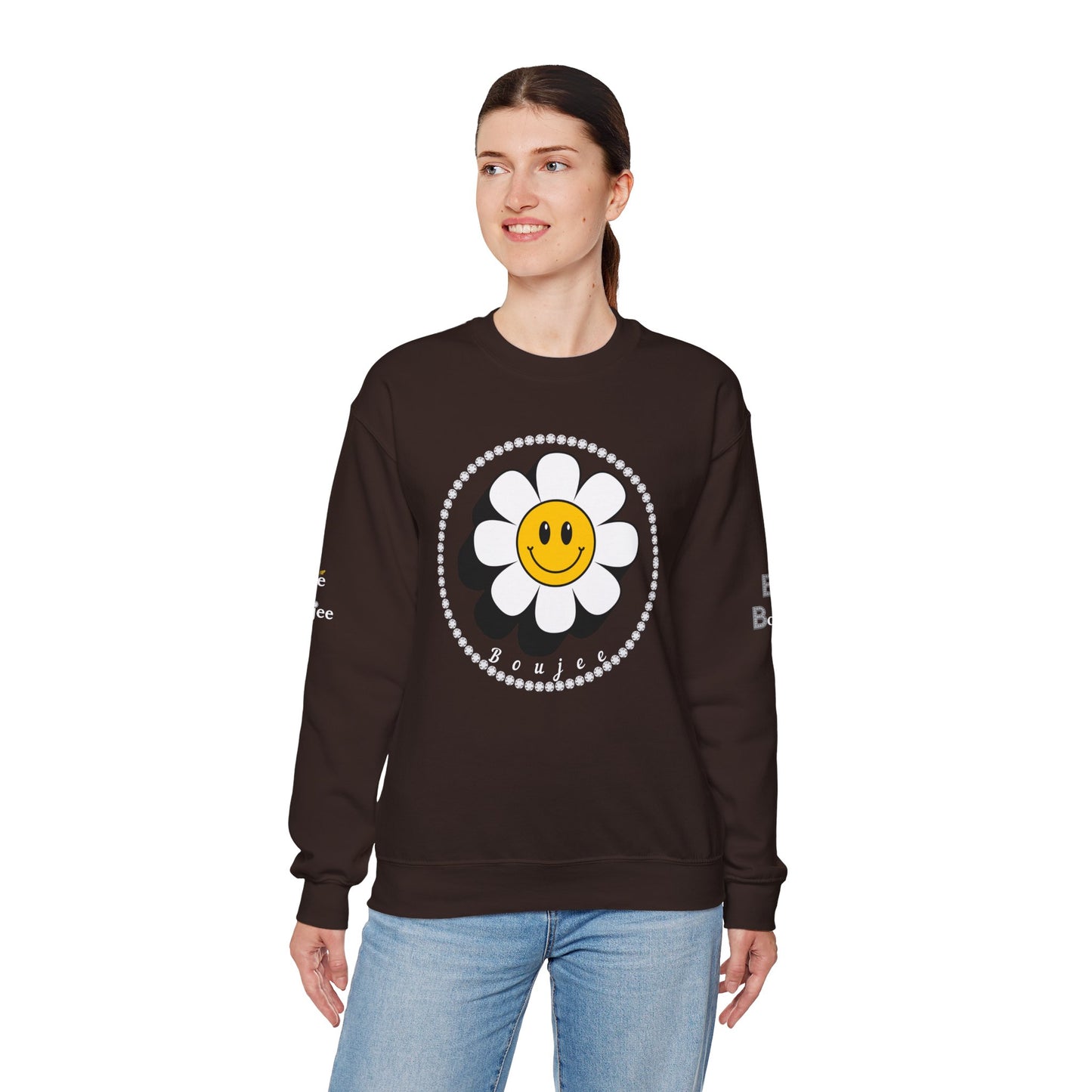 Boujee Flower Smiley Face White Gold - Heavy Blend™ Dark Colors Crewneck Sweatshirt