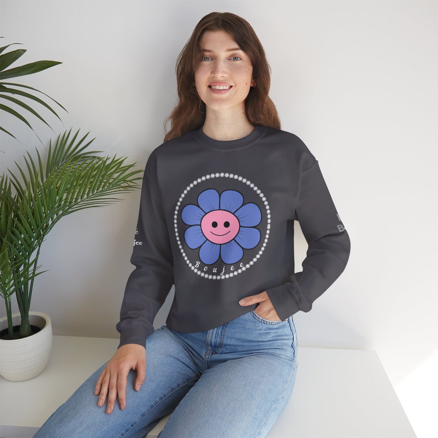 Boujee Flower Smiley Face Blue Pink - Heavy Blend™ Dark Colors Crewneck Sweatshirt