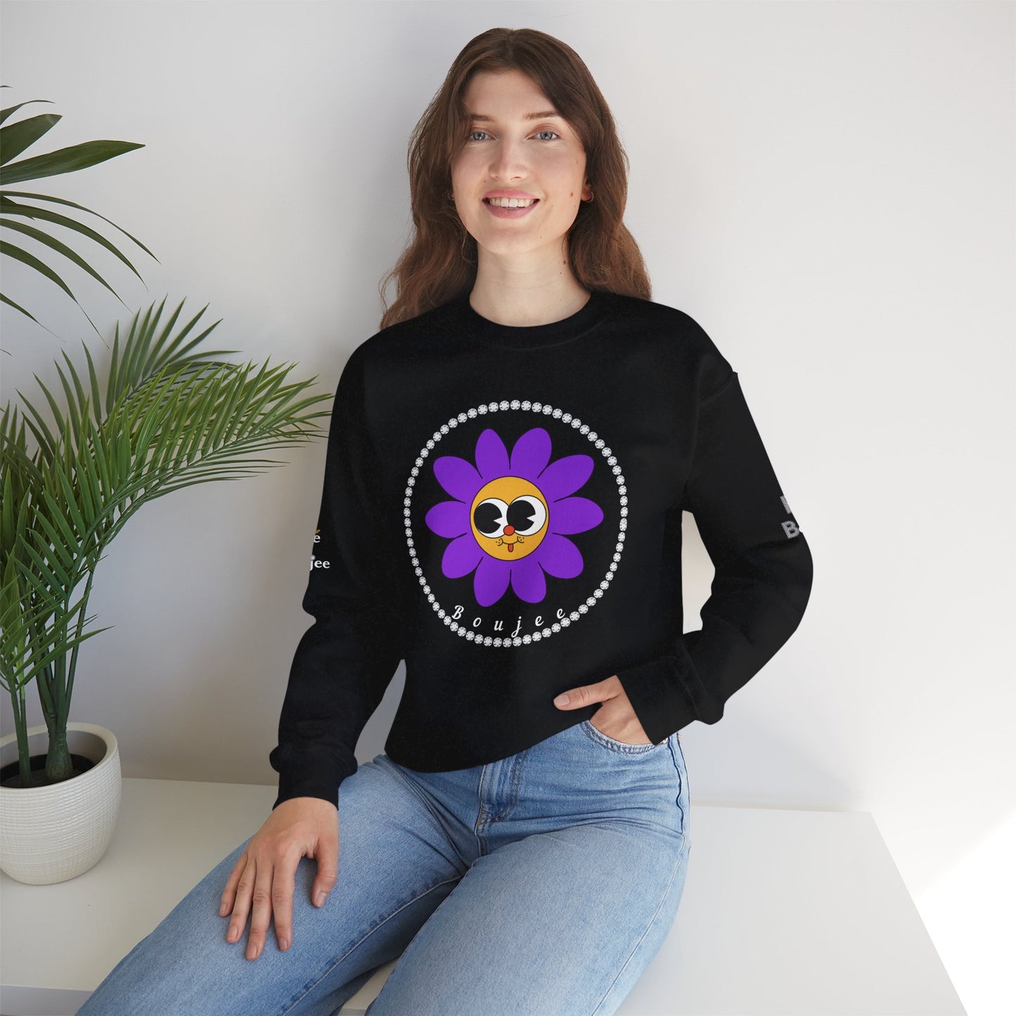Boujee Flower Smiley Face Purple Gold Wide-Eyed - Heavy Blend™ Dark Colors Crewneck Sweatshirt