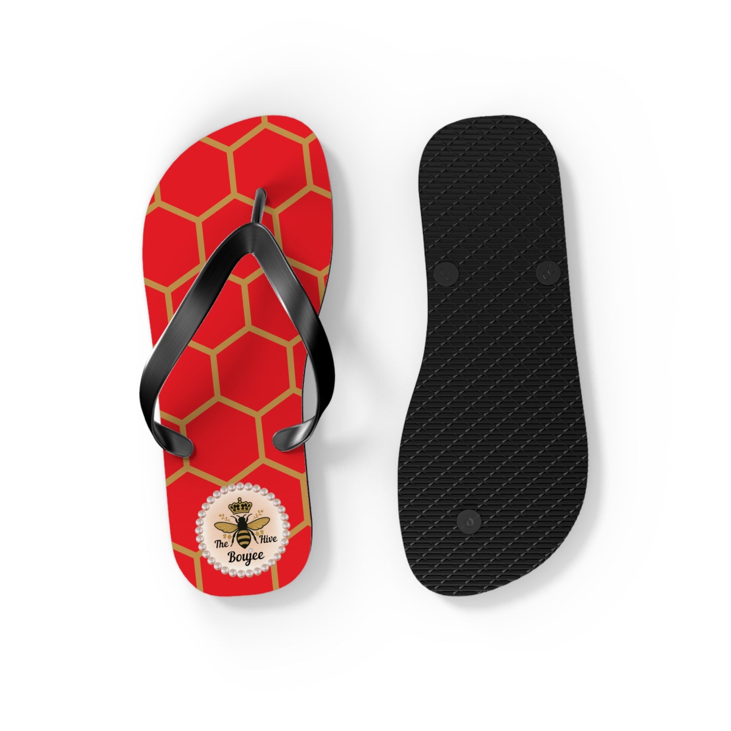 The Boujee Hive Crowned-Bee Flip-Flops (RED/Golden Honeycomb) - SMALL