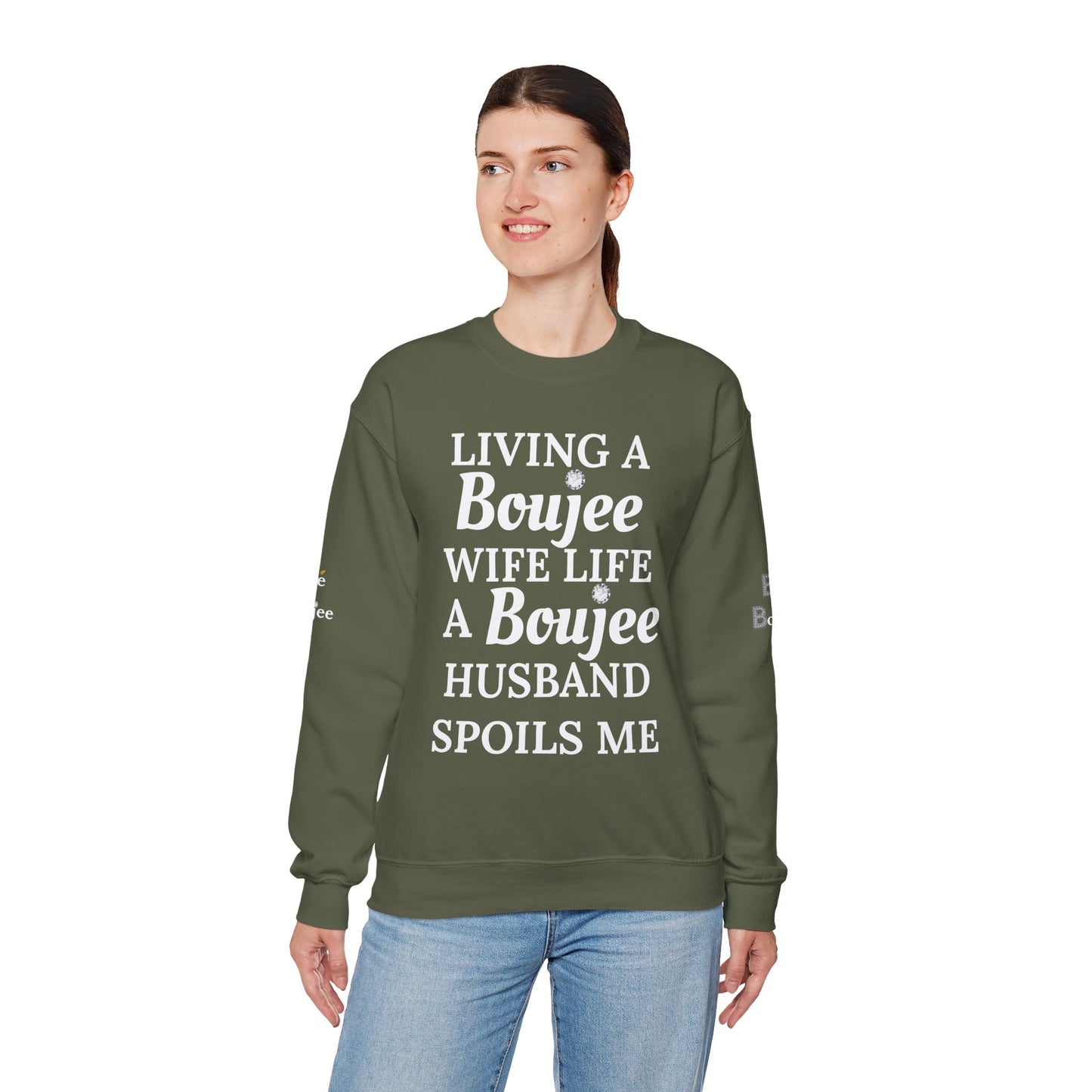 Living a Boujee Wife Life A Boujee Husband Spoils Me - Heavy Blend™ Dark Colors Crewneck Sweatshirt