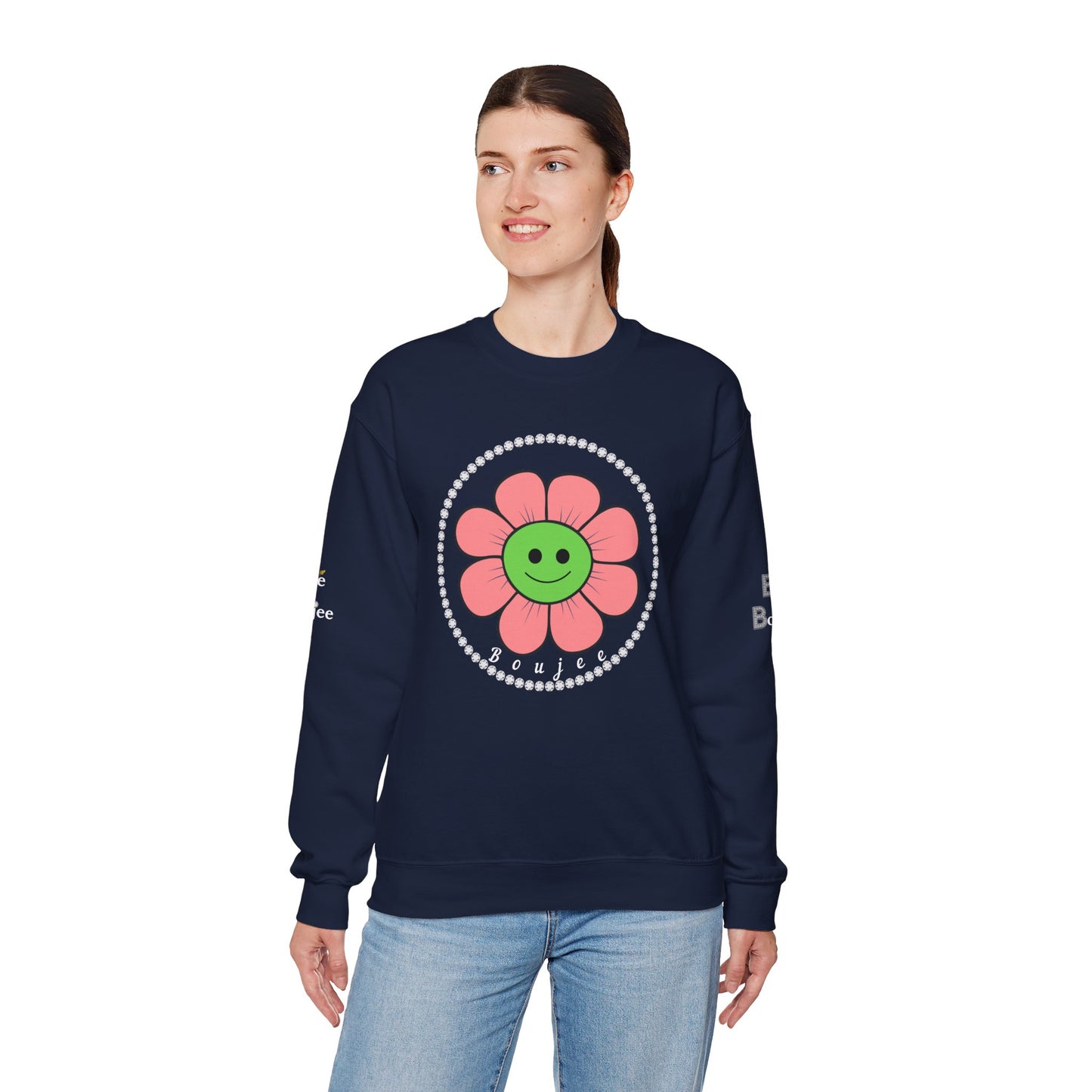 Boujee Flower Smiley Face Pink Green - Heavy Blend™ Dark Colors Crewneck Sweatshirt