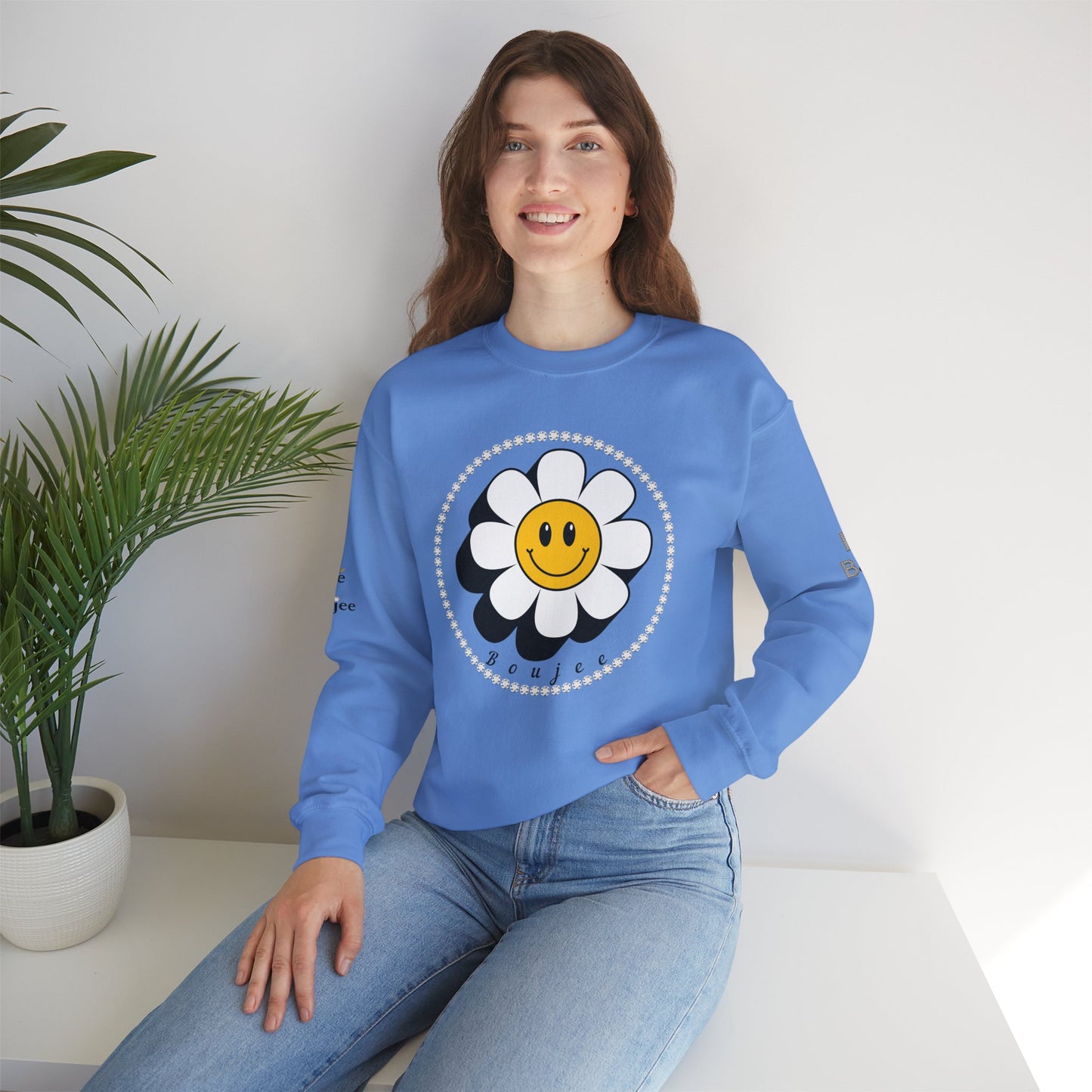 Boujee Flower Smiley Face White Gold - Heavy Blend™ Light Colors Crewneck Sweatshirt