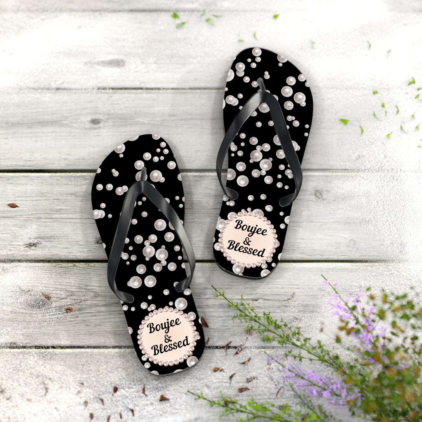 Boujee & Blessed Flip Flops - BLACK in Sea of Pearls - LARGE