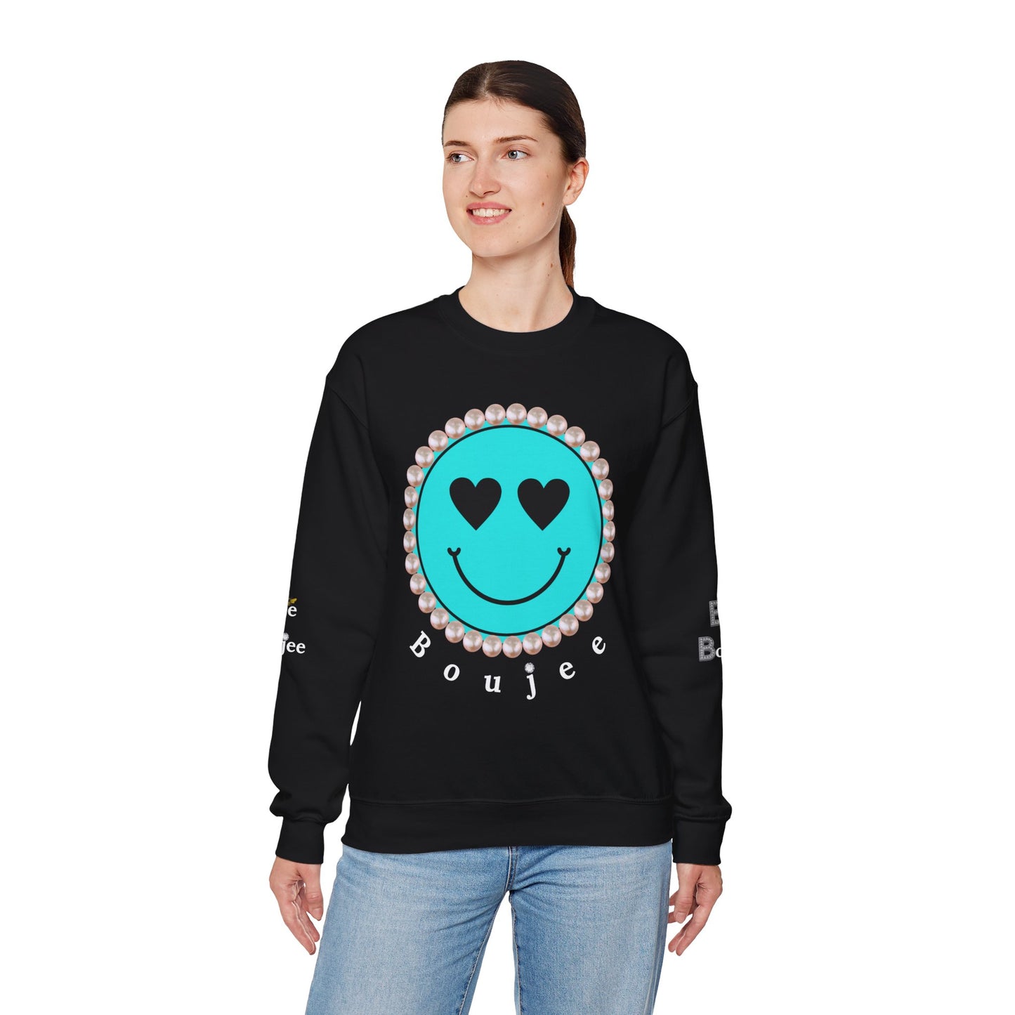 Bee Boujee - Boujee Smiley Face Turquoise in Diamonds Heavy Blend™ Dark Colors Crewneck Sweatshirt