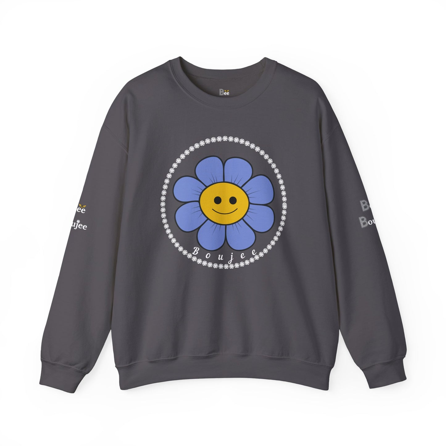 Boujee Flower Smiley Face Blue Gold - Heavy Blend™ Dark Colors Crewneck Sweatshirt