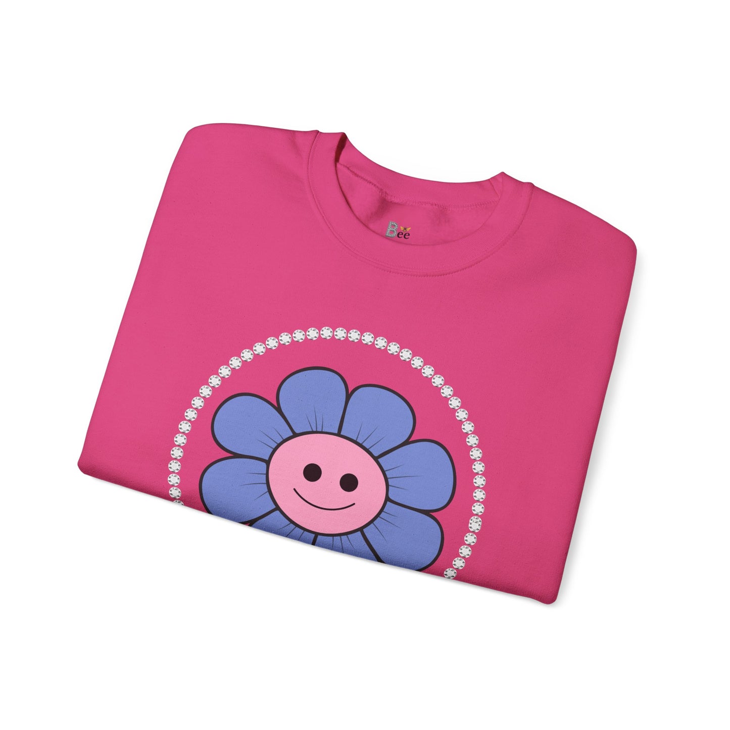 Boujee Flower Smiley Face Blue Pink - Heavy Blend™ Light Colors Crewneck Sweatshirt