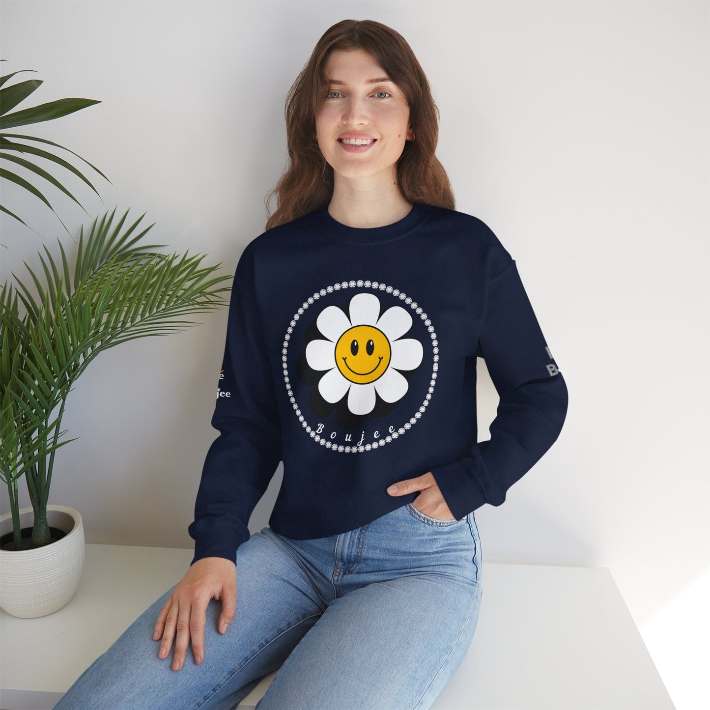 Boujee Flower Smiley Face White Gold - Heavy Blend™ Dark Colors Crewneck Sweatshirt