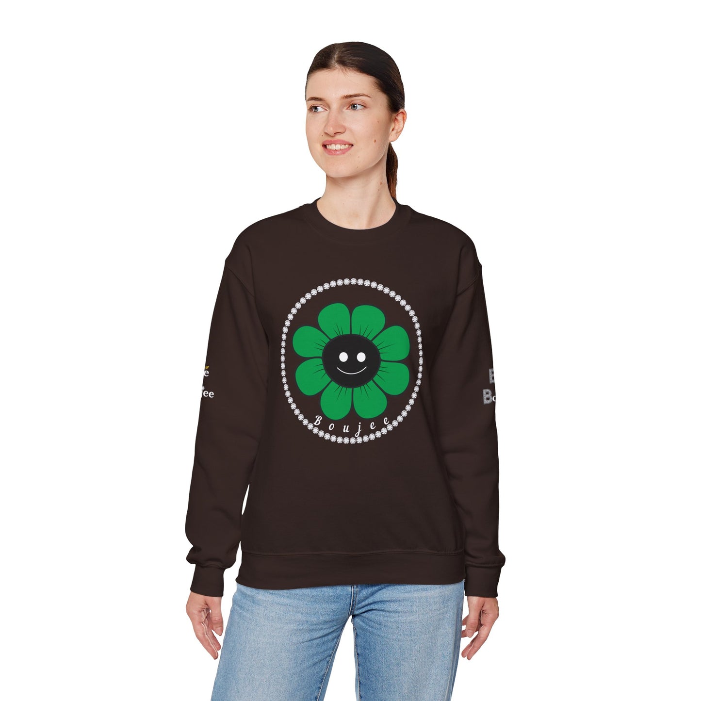 Boujee Flower Smiley Face Green Black - Heavy Blend™ Dark Colors Crewneck Sweatshirt