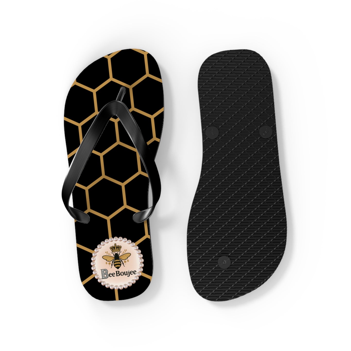 Bee Boujee Flip Flops - BLACK Golden Honeycomb - MEDIUM