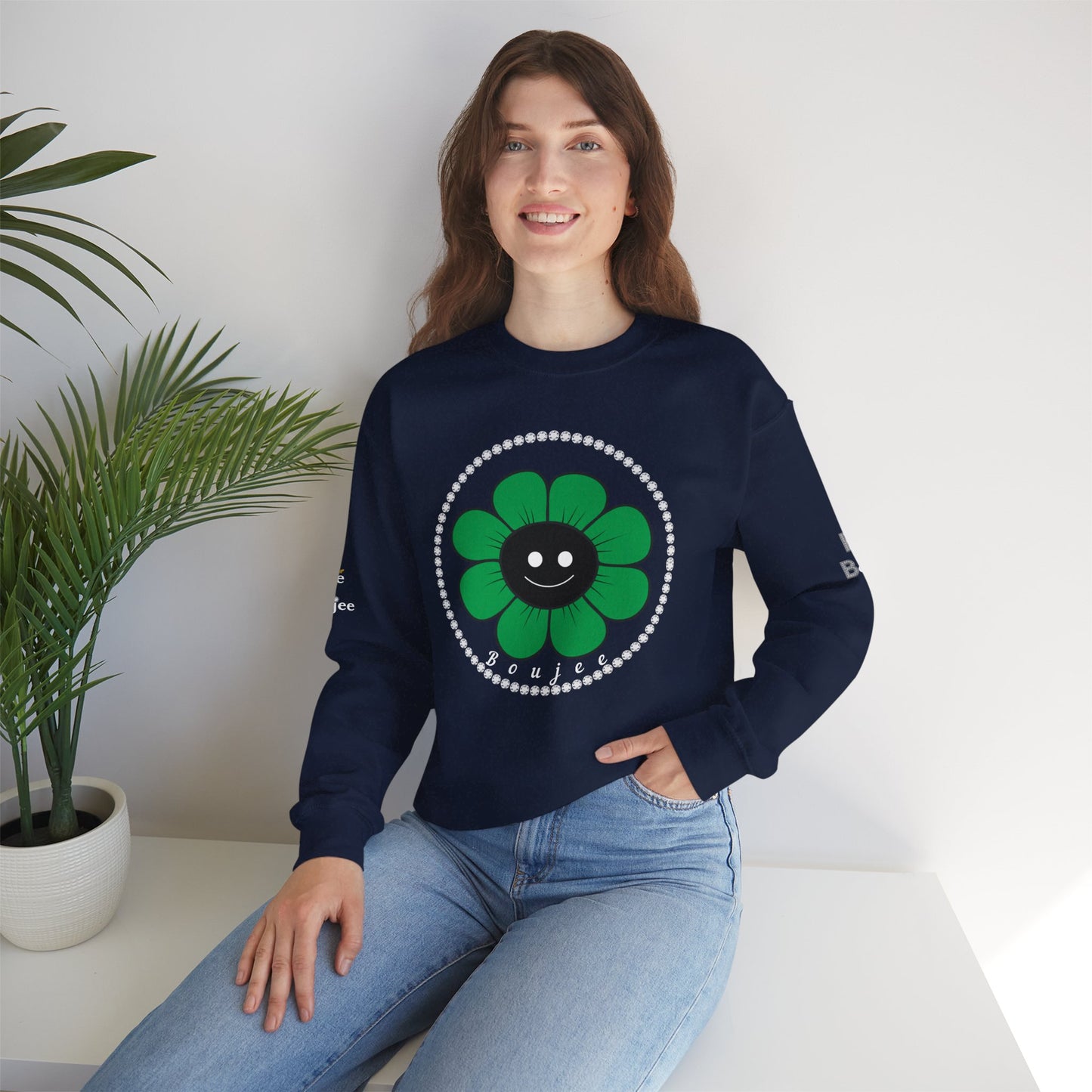 Boujee Flower Smiley Face Green Black - Heavy Blend™ Dark Colors Crewneck Sweatshirt