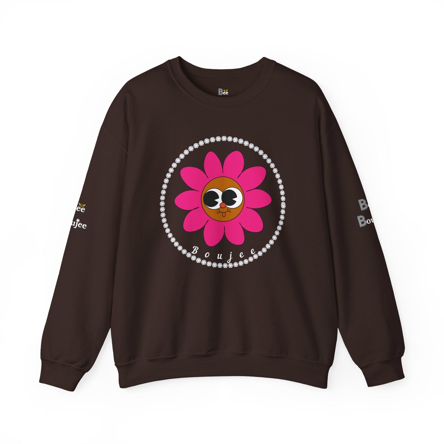 Boujee Flower Smiley Face Pink Brown Wide-Eyed - Heavy Blend™ Dark Colors Crewneck Sweatshirt