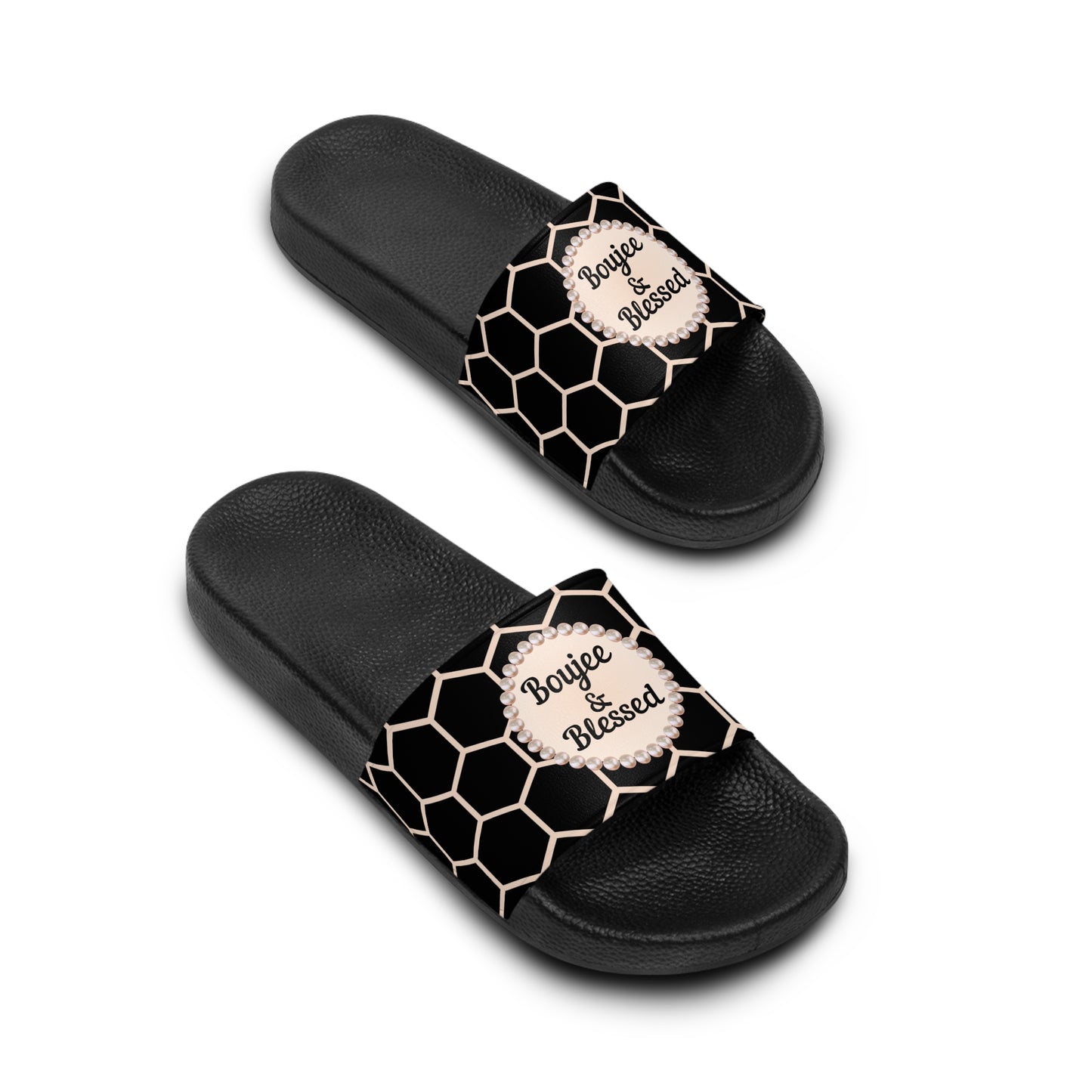 Boujee & Blessed Peach Honeycomb Pearl-Emblem Women’s Slides Sandals,