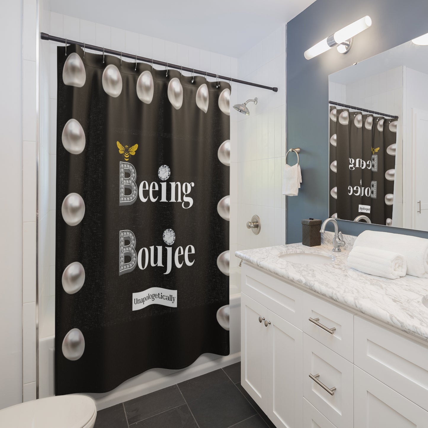 Beeing Boujee - Shower Curtain BLACK with PEARLS