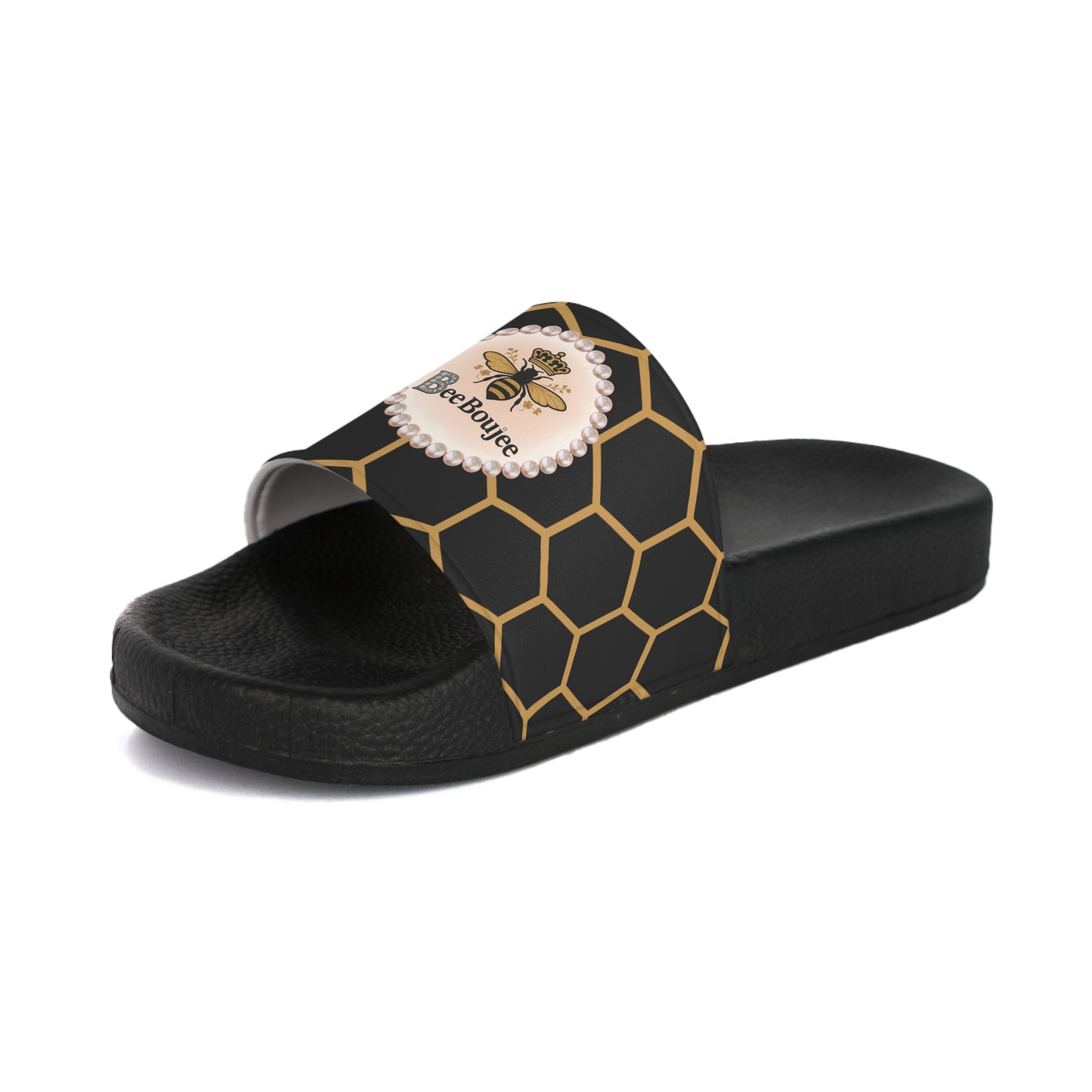 Bee Boujee Golden Honeycomb Pearl-Emblem Women’s Slides Sandals, Summer Footwear, Cute Beach Slippers, Casual Slip-Ons