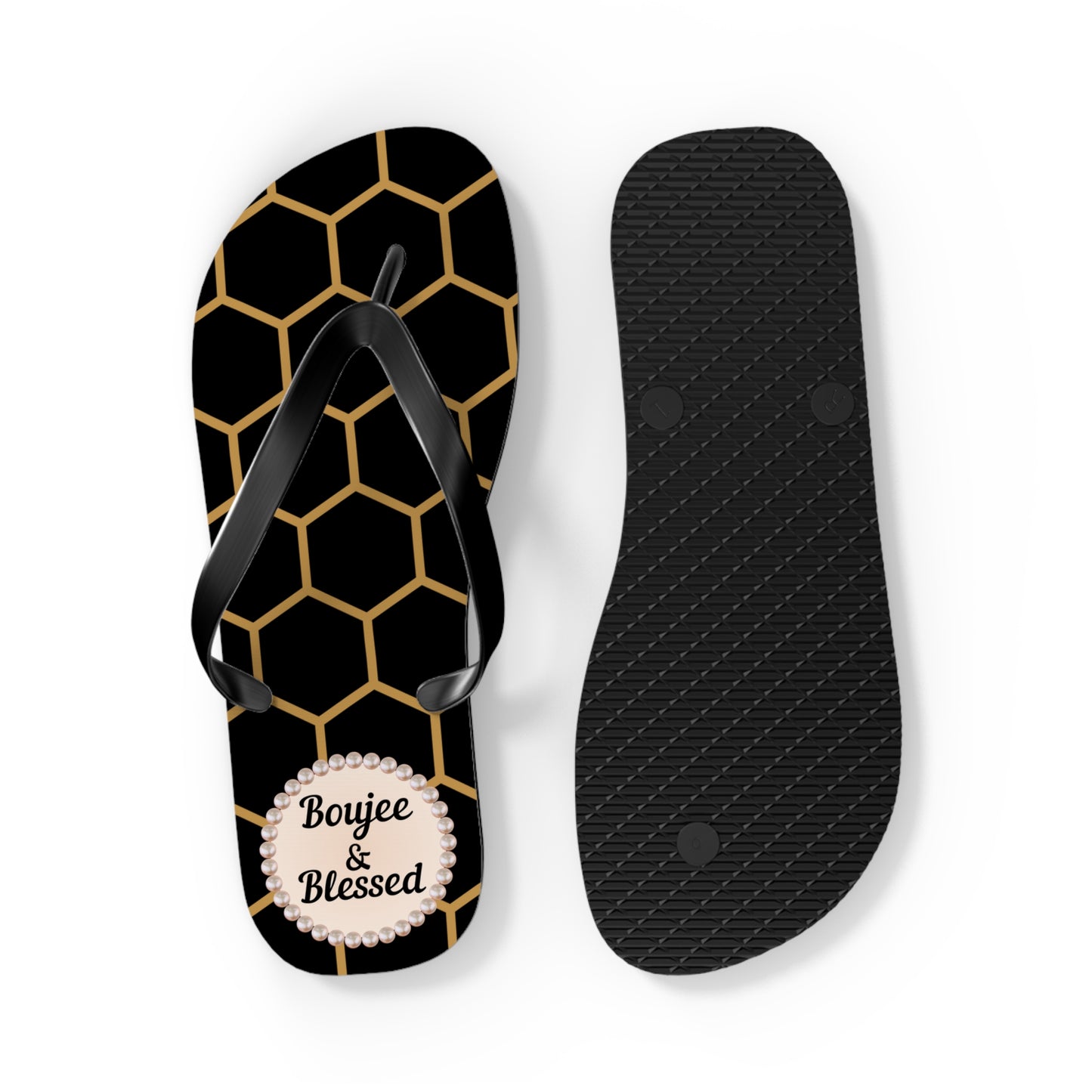 Boujee & Blessed Flip Flops - BLACK Golden Honeycomb - LARGE