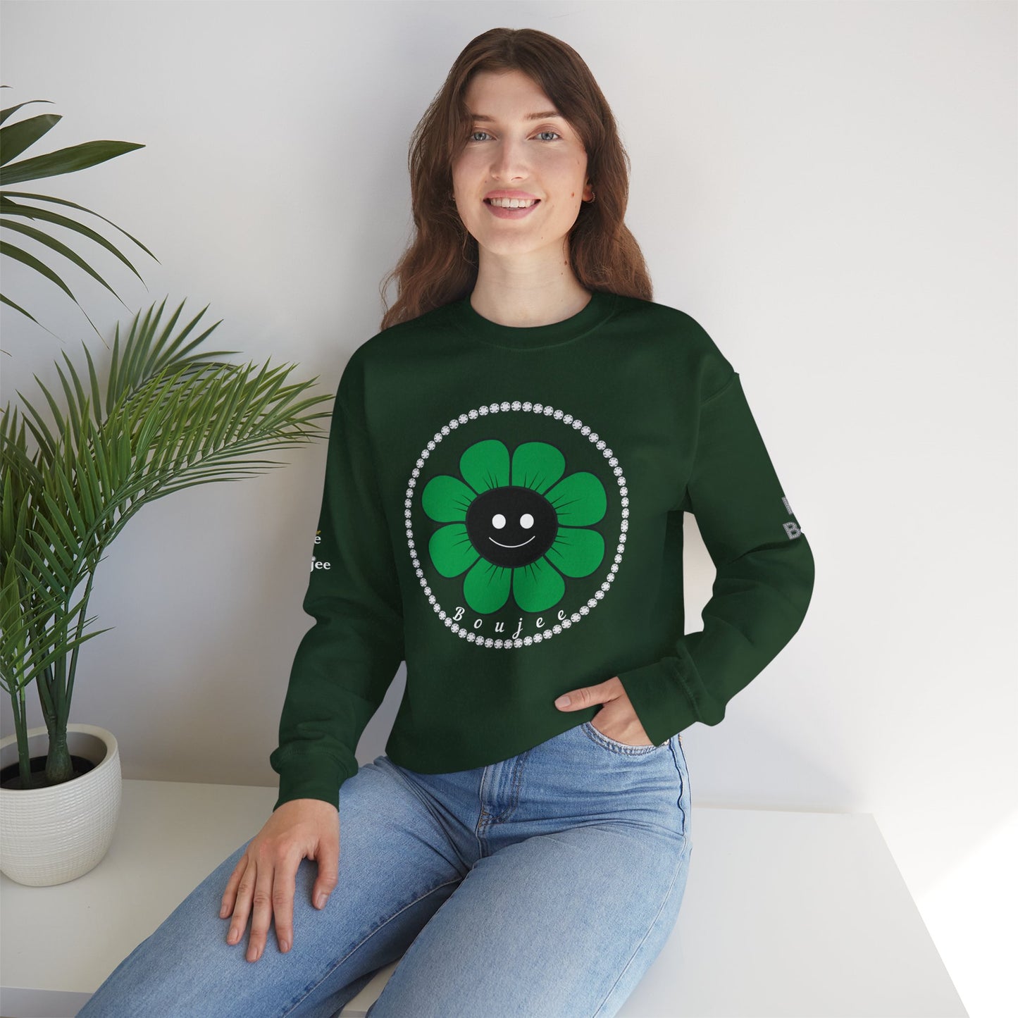 Boujee Flower Smiley Face Green Black - Heavy Blend™ Dark Colors Crewneck Sweatshirt