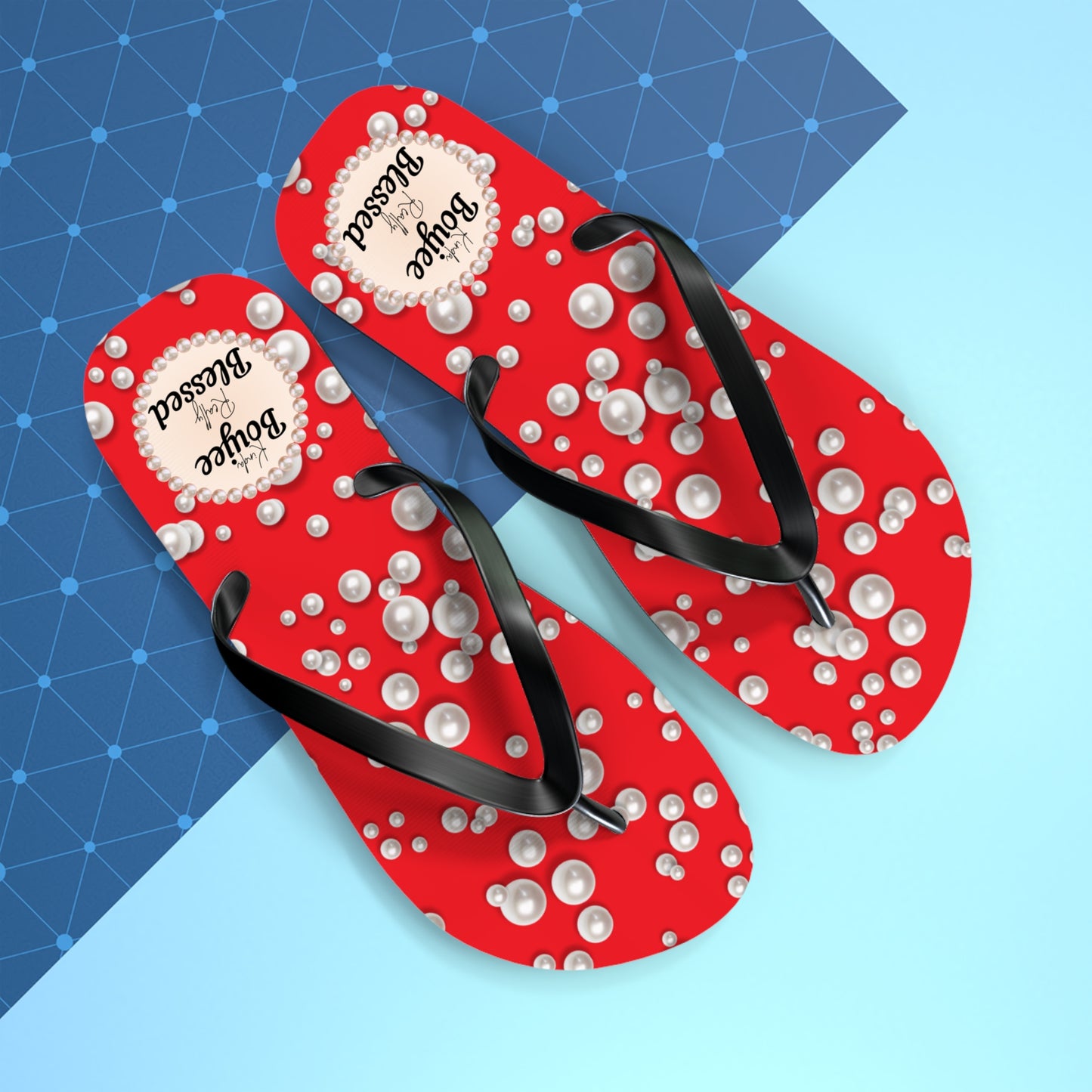 Kinda Boujee Really Blessed Flip Flops - RED in Sea of Pearls - EXTRA LARGE