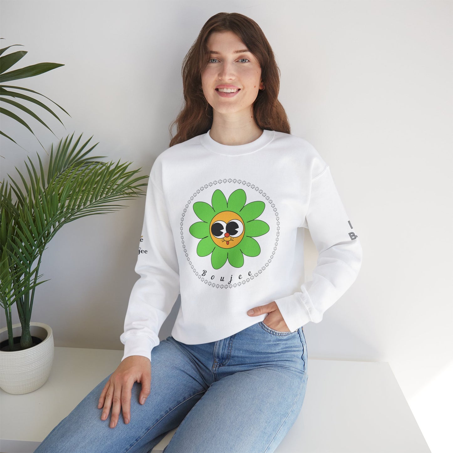 Boujee Flower Smiley Face Green Gold Wide-Eyed - Heavy Blend™ Light Colors Crewneck Sweatshirt