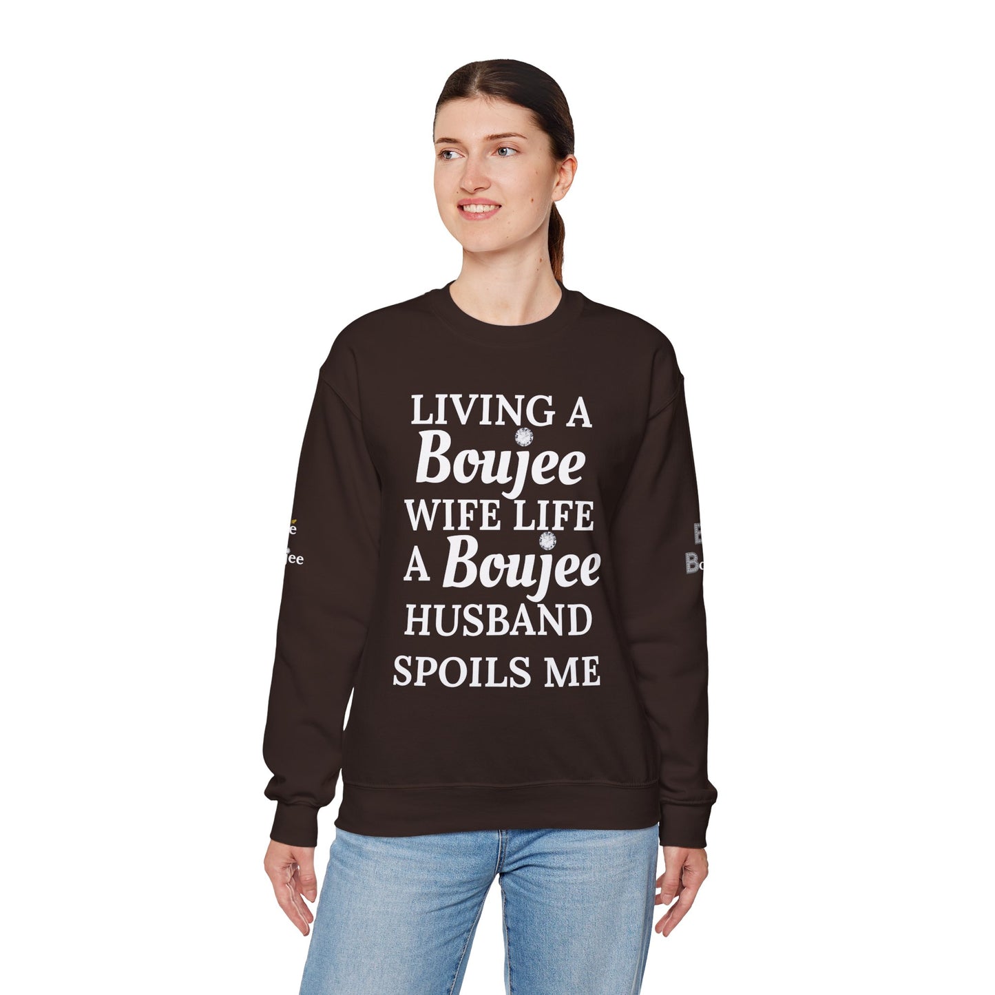 Living a Boujee Wife Life A Boujee Husband Spoils Me - Heavy Blend™ Dark Colors Crewneck Sweatshirt