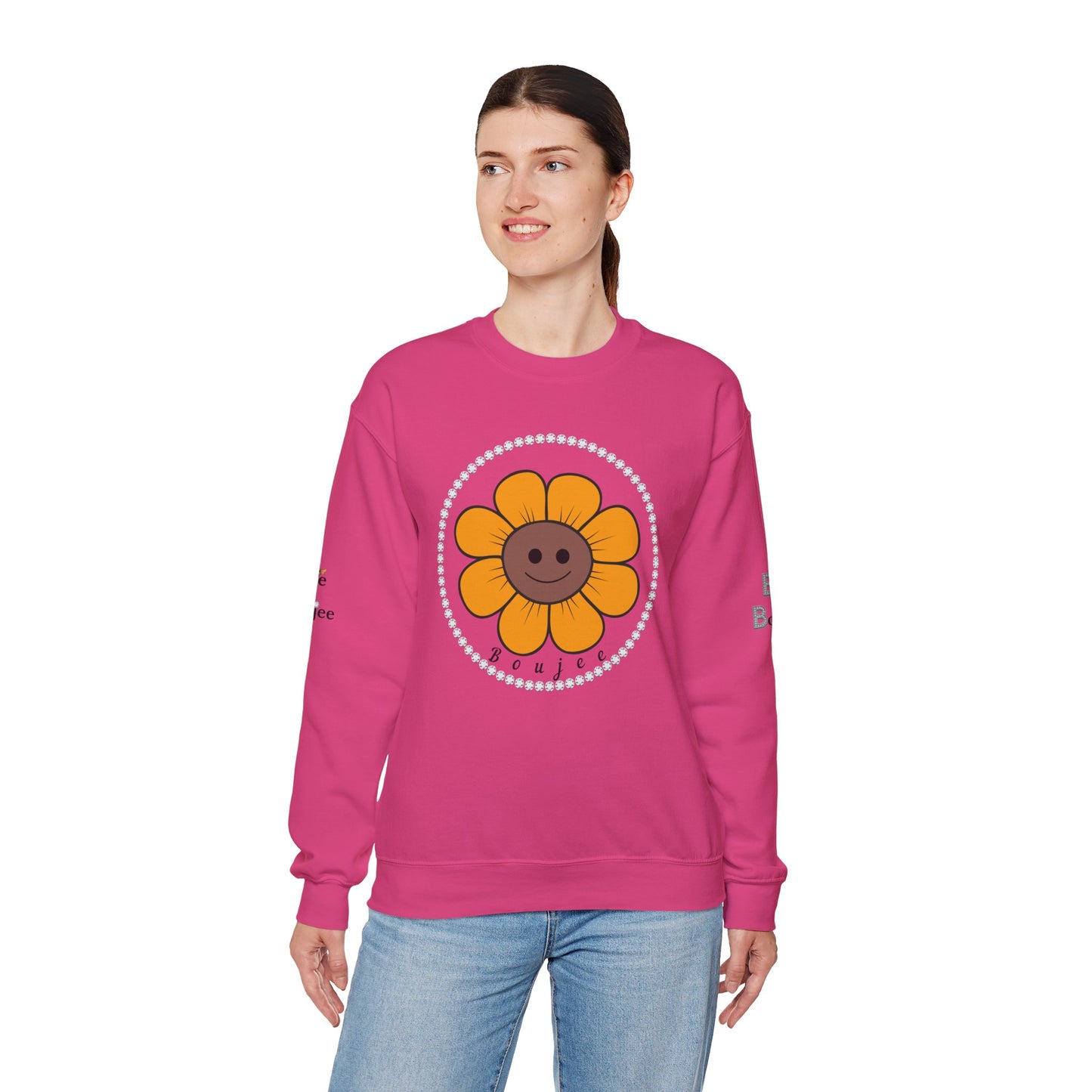 Boujee Flower Smiley Face Gold Brown - Heavy Blend™ Light Colors Crewneck Sweatshirt