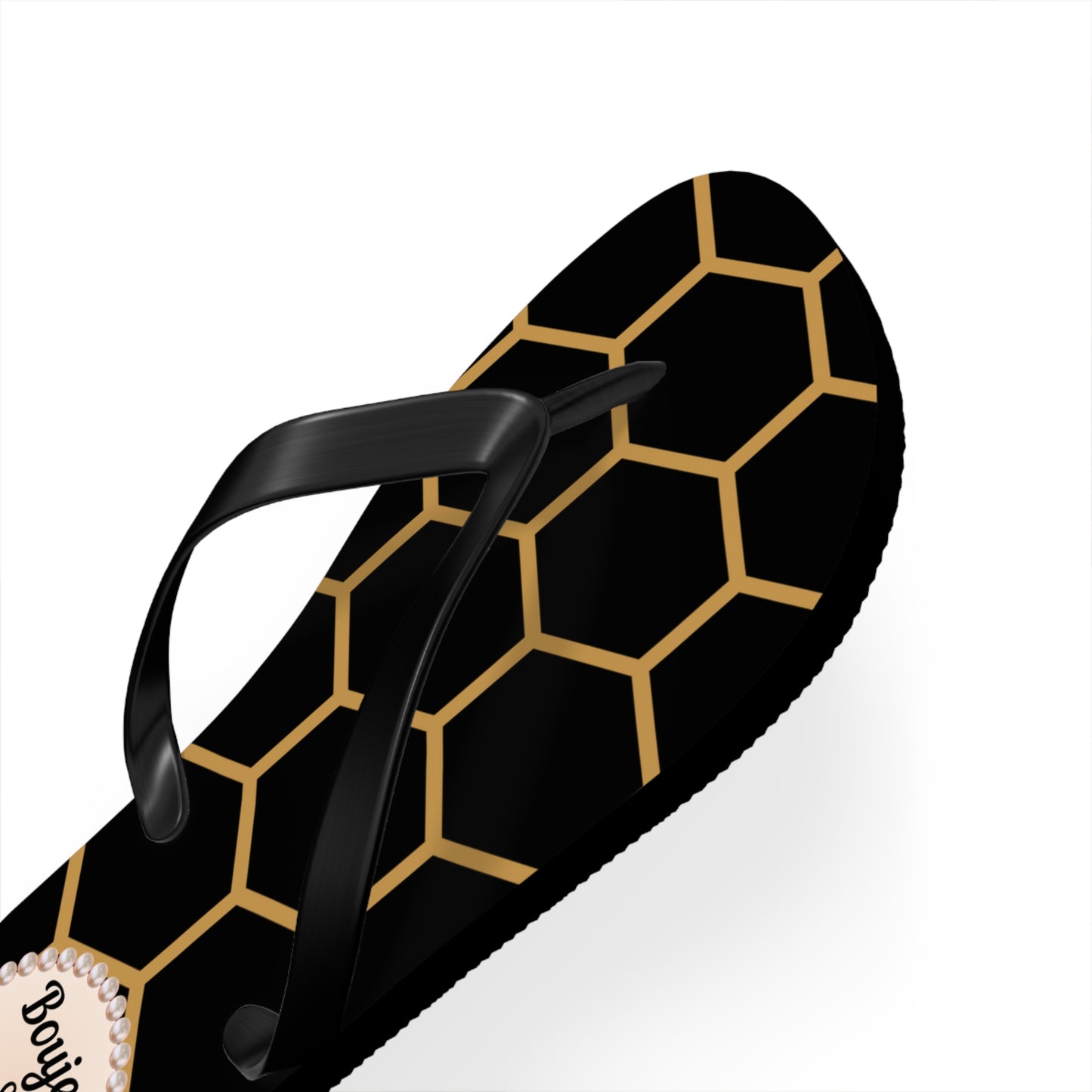 Boujee & Blessed Crowned-Bee Flip-Flops (BLACK/Golden Honeycomb) - SMALL