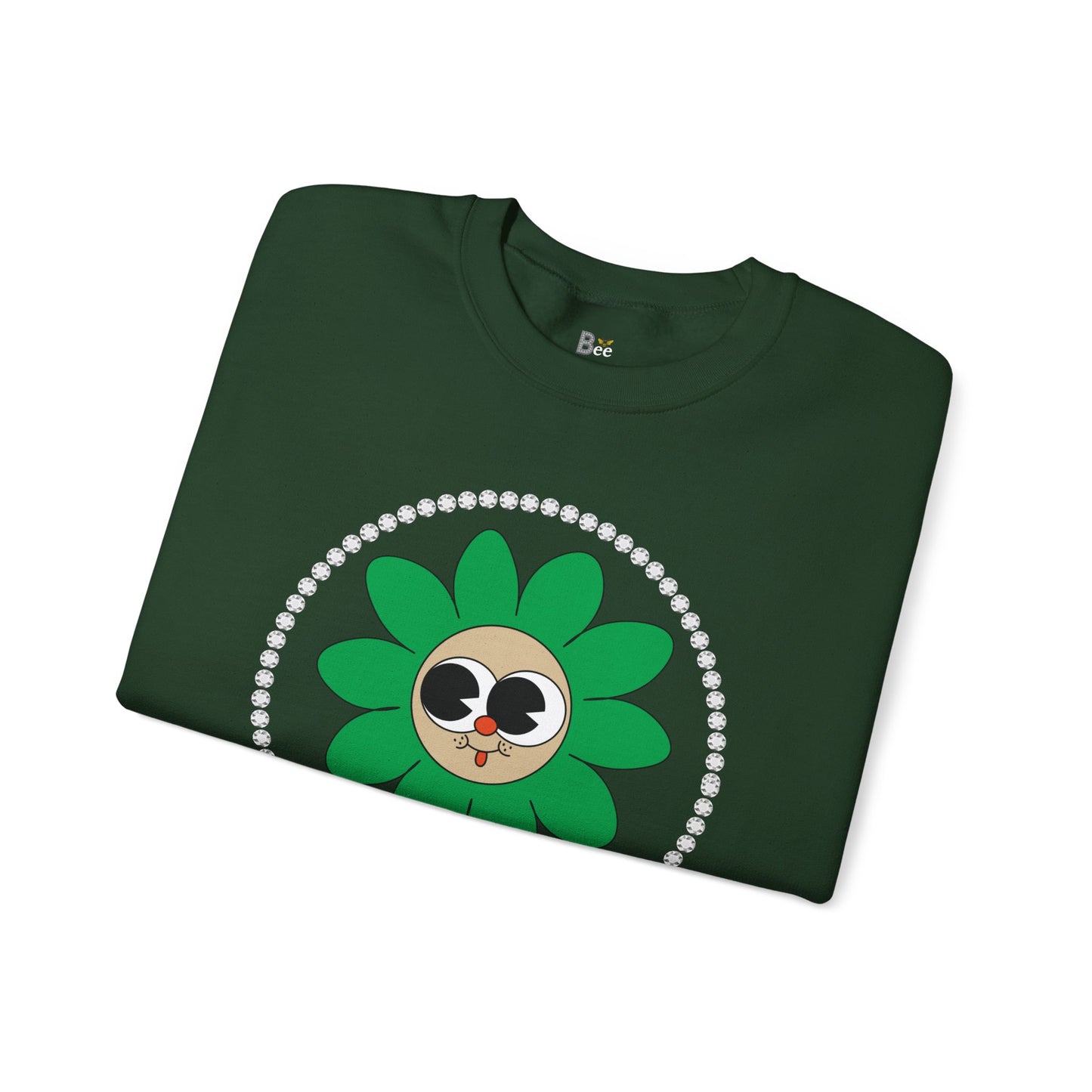 Boujee Flower Smiley Face Green Tan Wide-Eyed - Heavy Blend™ Dark Colors Crewneck Sweatshirt