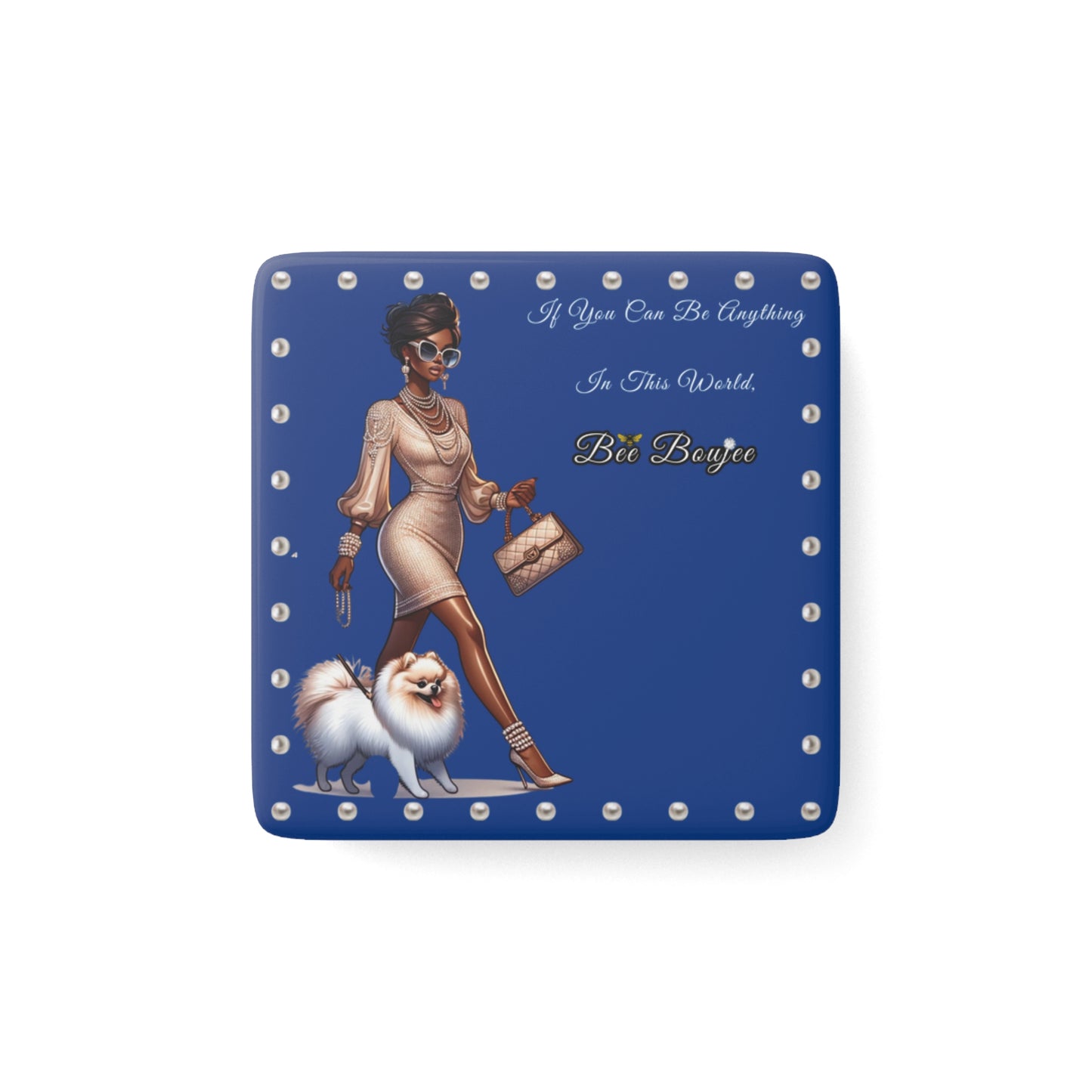 Bee Boujee in PEARLS - Porcelain Magnet 02, Square DARK BLUE