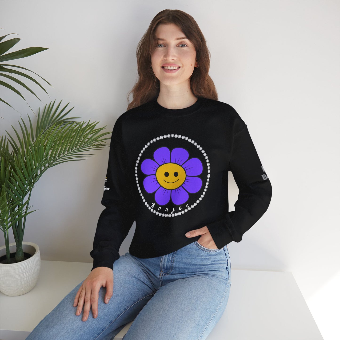 Boujee Flower Smiley Face Purple Gold - Heavy Blend™ Dark Colors Crewneck Sweatshirt
