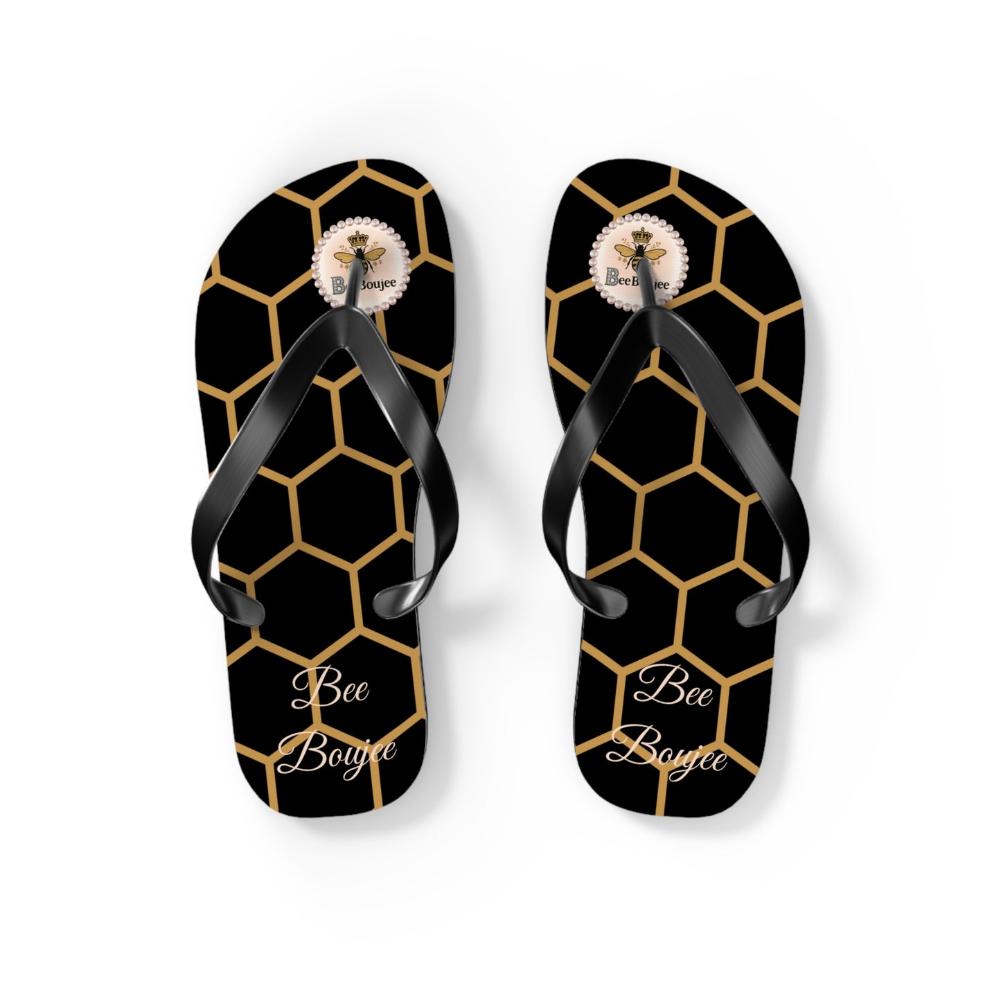Bee Boujee Golden Honeycomb Flip-Flops (Black & Gold) - SMALL
