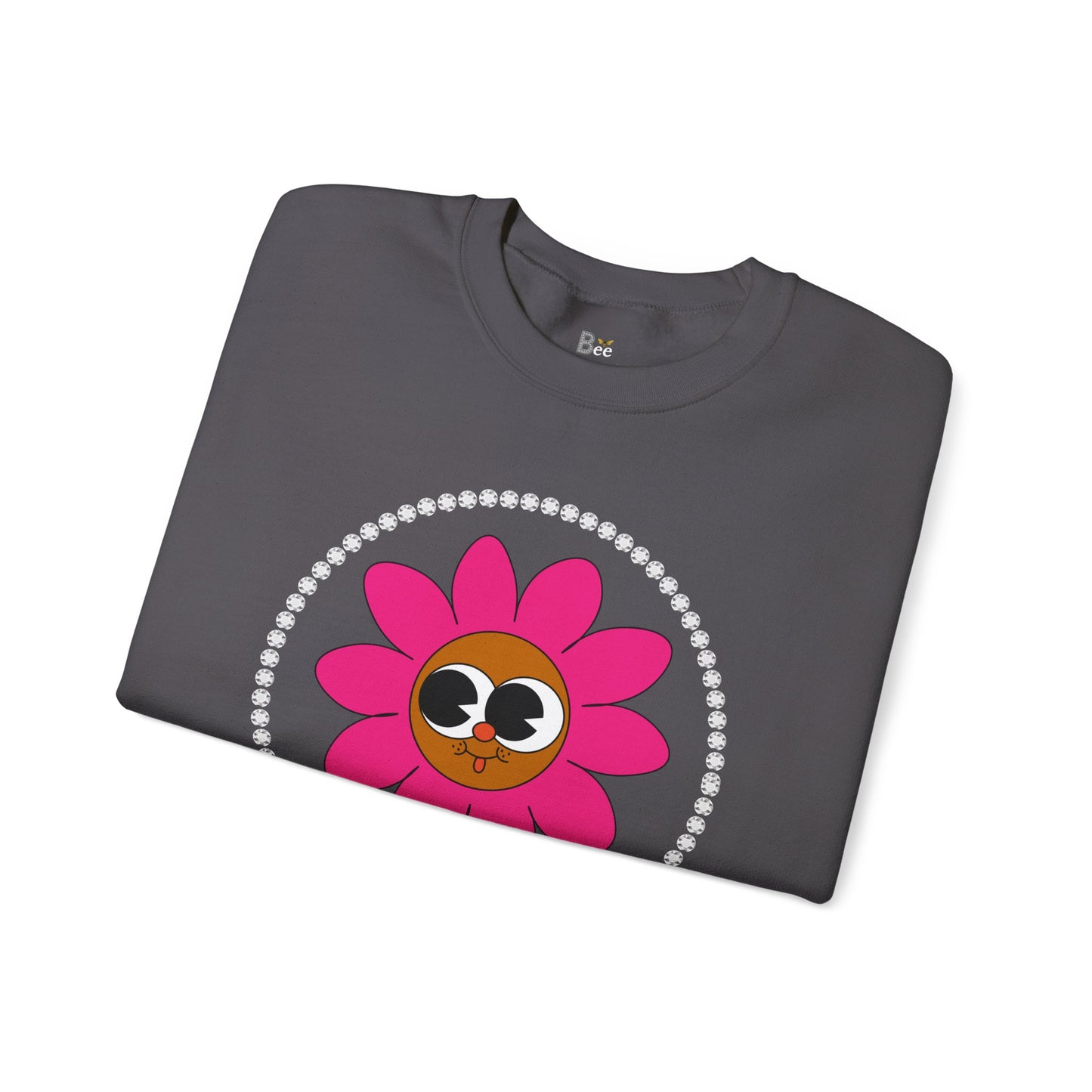 Boujee Flower Smiley Face Pink Brown Wide-Eyed - Heavy Blend™ Dark Colors Crewneck Sweatshirt