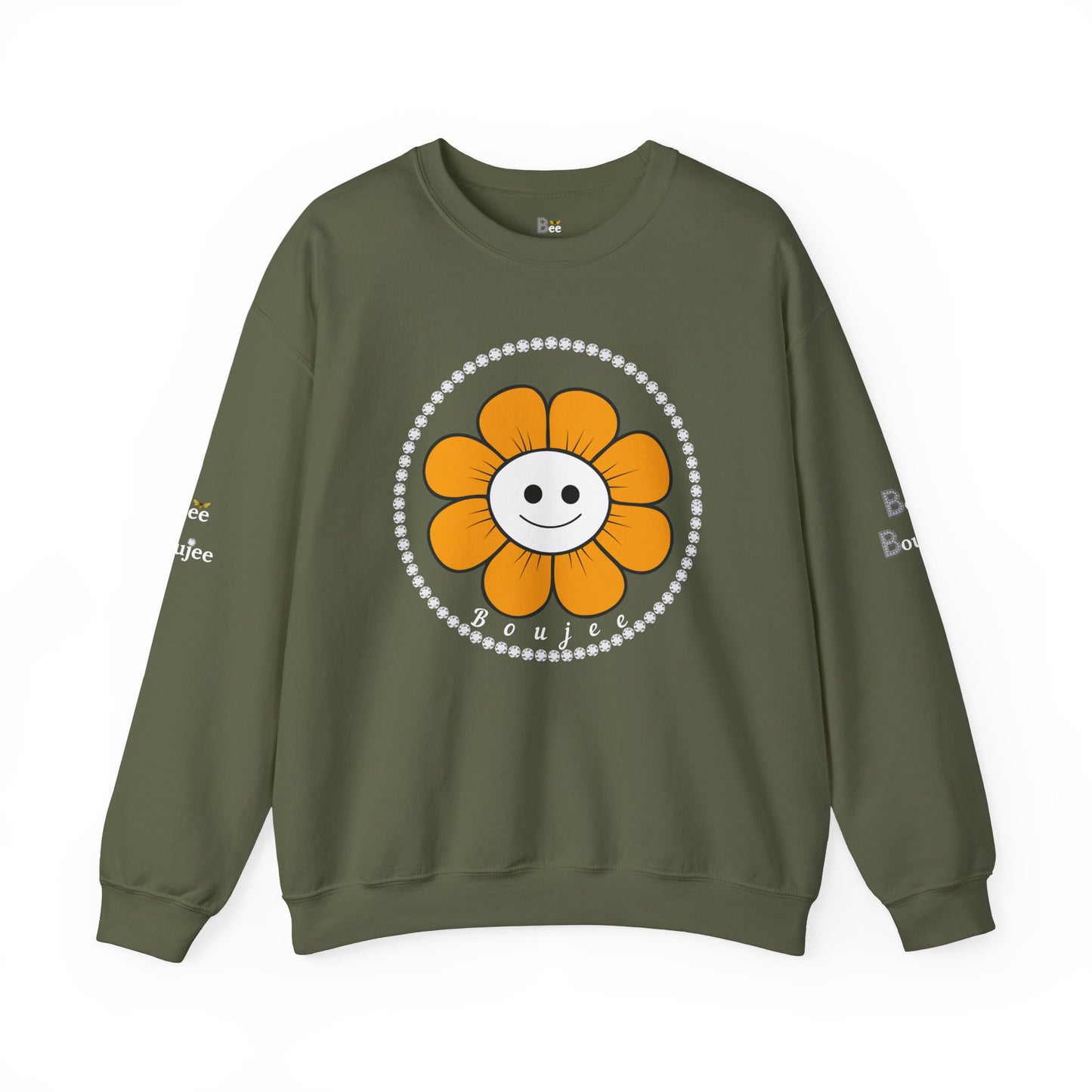 Boujee Flower Smiley Face Gold White - Heavy Blend™ Dark Colors Crewneck Sweatshirt
