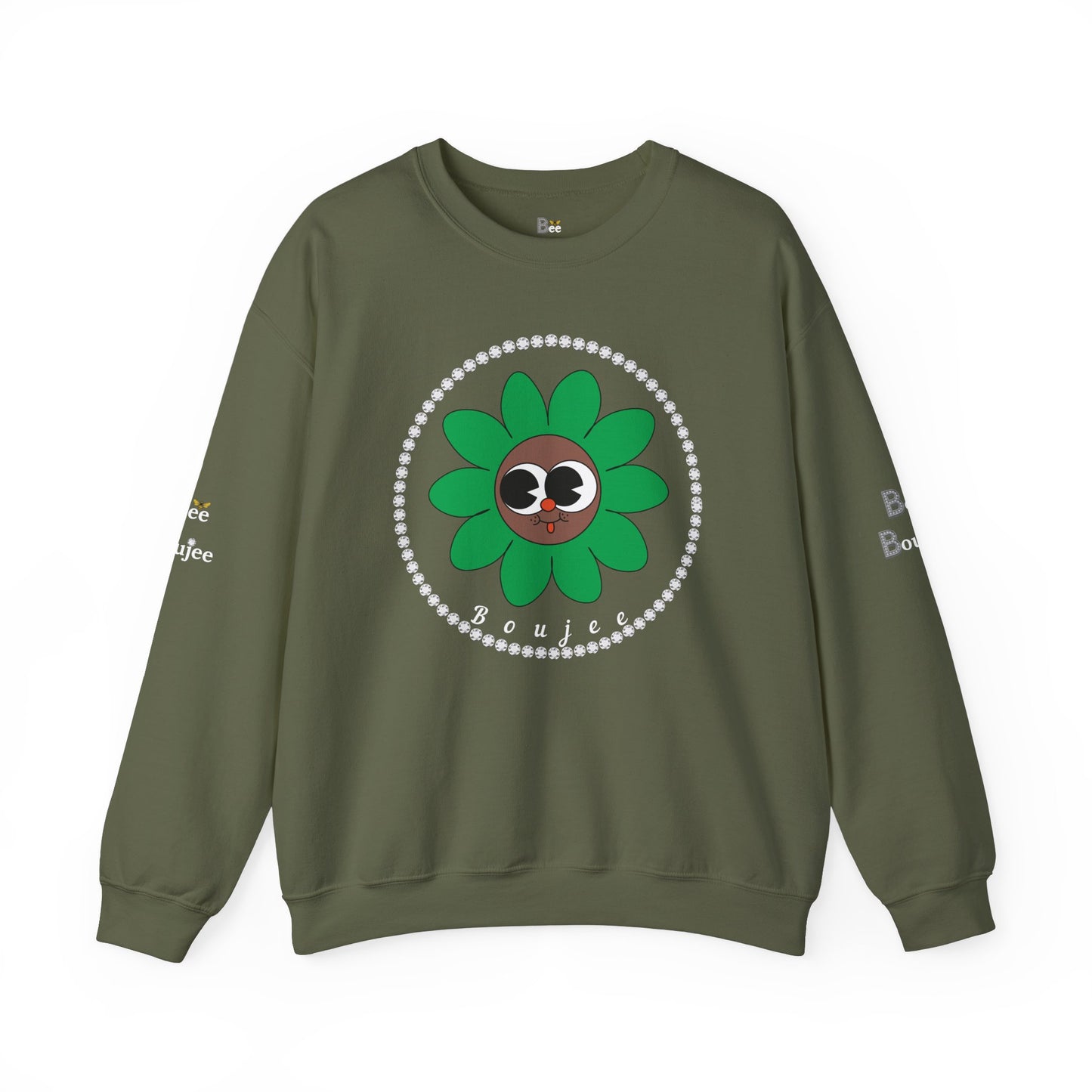 Boujee Flower Smiley Face Green Brown Wide-Eyed - Heavy Blend™ Dark Colors Crewneck Sweatshirt
