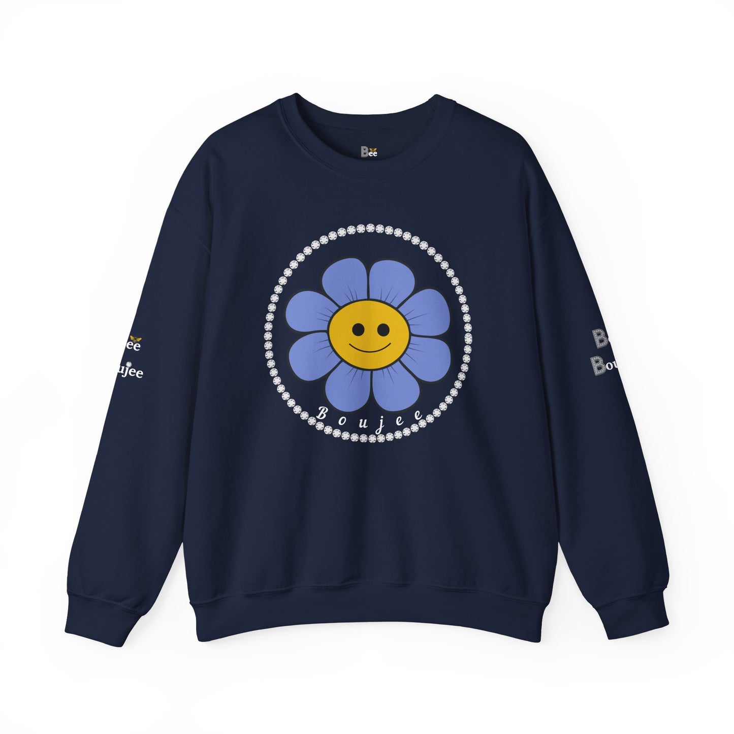 Boujee Flower Smiley Face Blue Gold - Heavy Blend™ Dark Colors Crewneck Sweatshirt