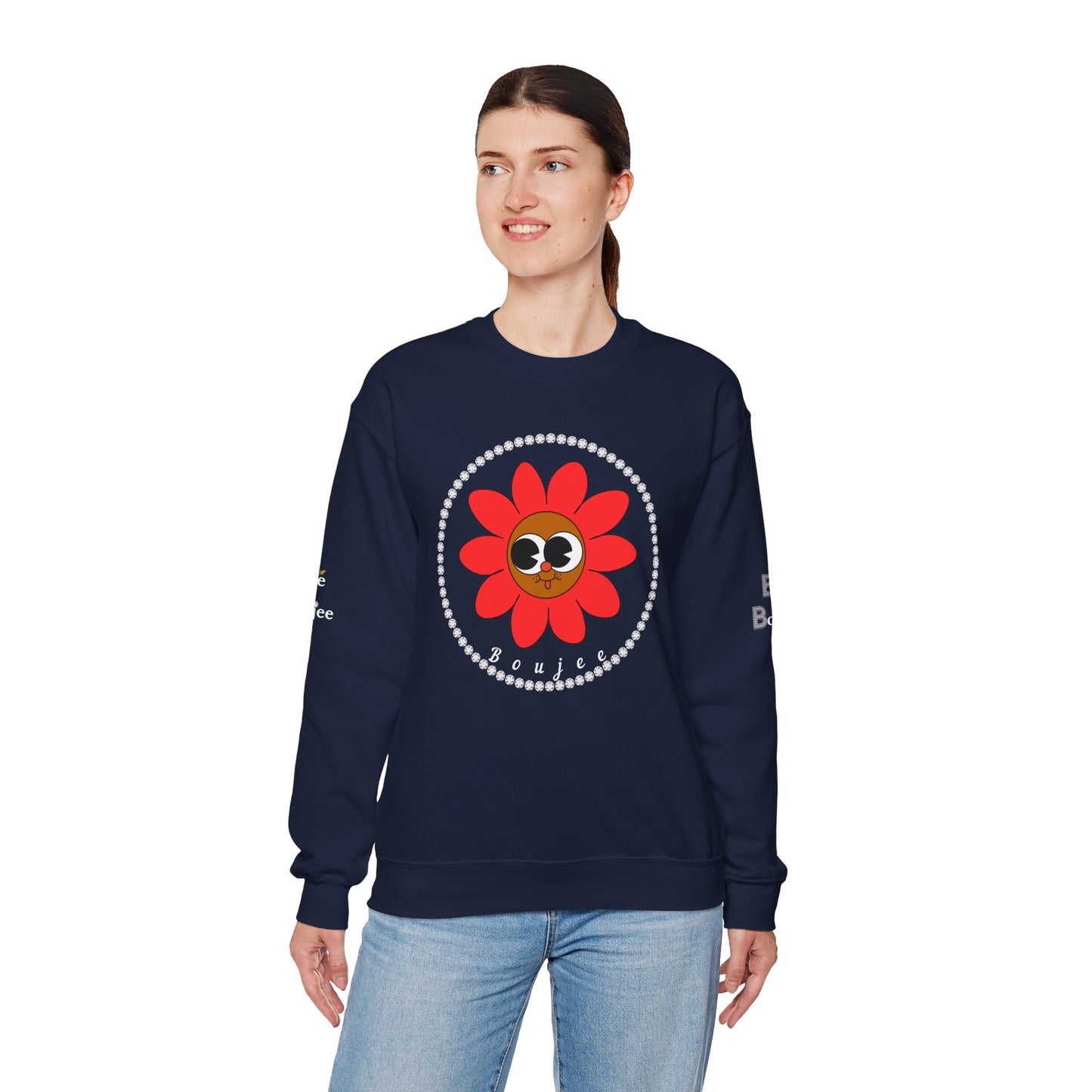 Boujee Flower Smiley Face Red Brown Wide-Eyed - Heavy Blend™ Dark Colors Crewneck Sweatshirt