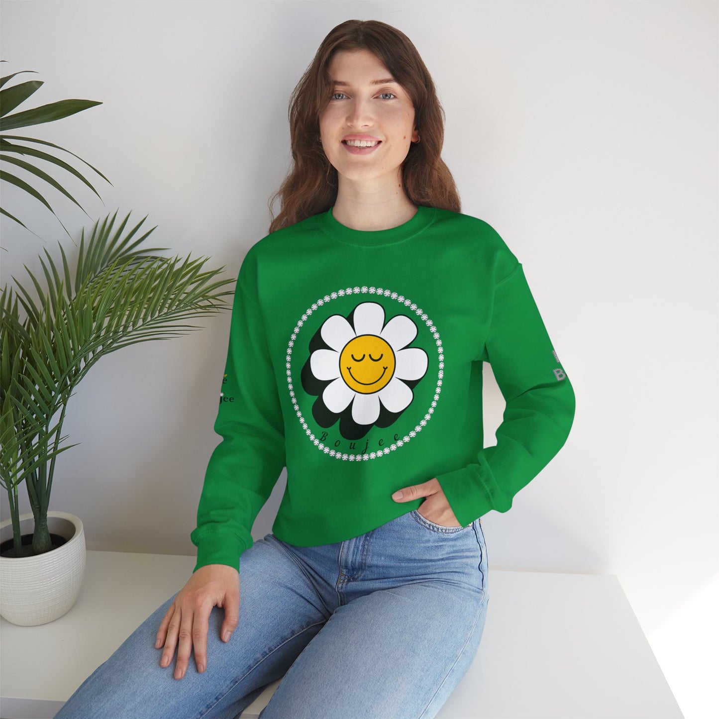 Boujee Flower Smiley Face Closed Eyes White Gold - Heavy Blend™ Light Colors Crewneck Sweatshirt