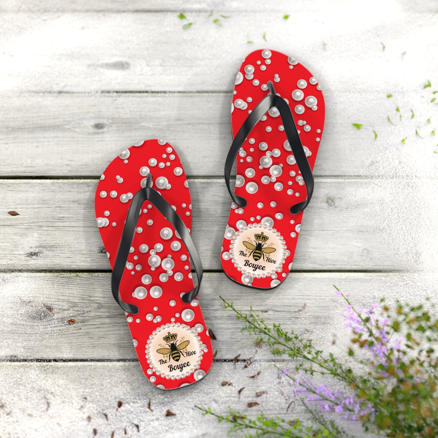 The Boujee Hive Flip Flops - RED in Sea of Pearls - LARGE