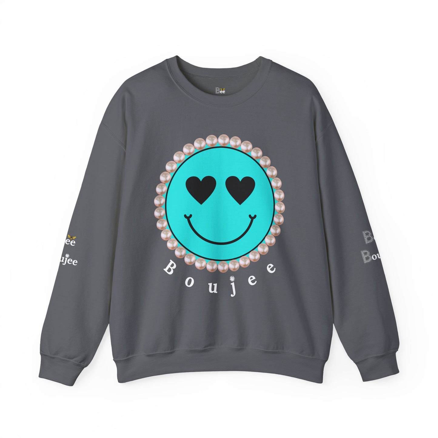 Bee Boujee - Boujee Smiley Face Turquoise in Diamonds Heavy Blend™ Dark Colors Crewneck Sweatshirt