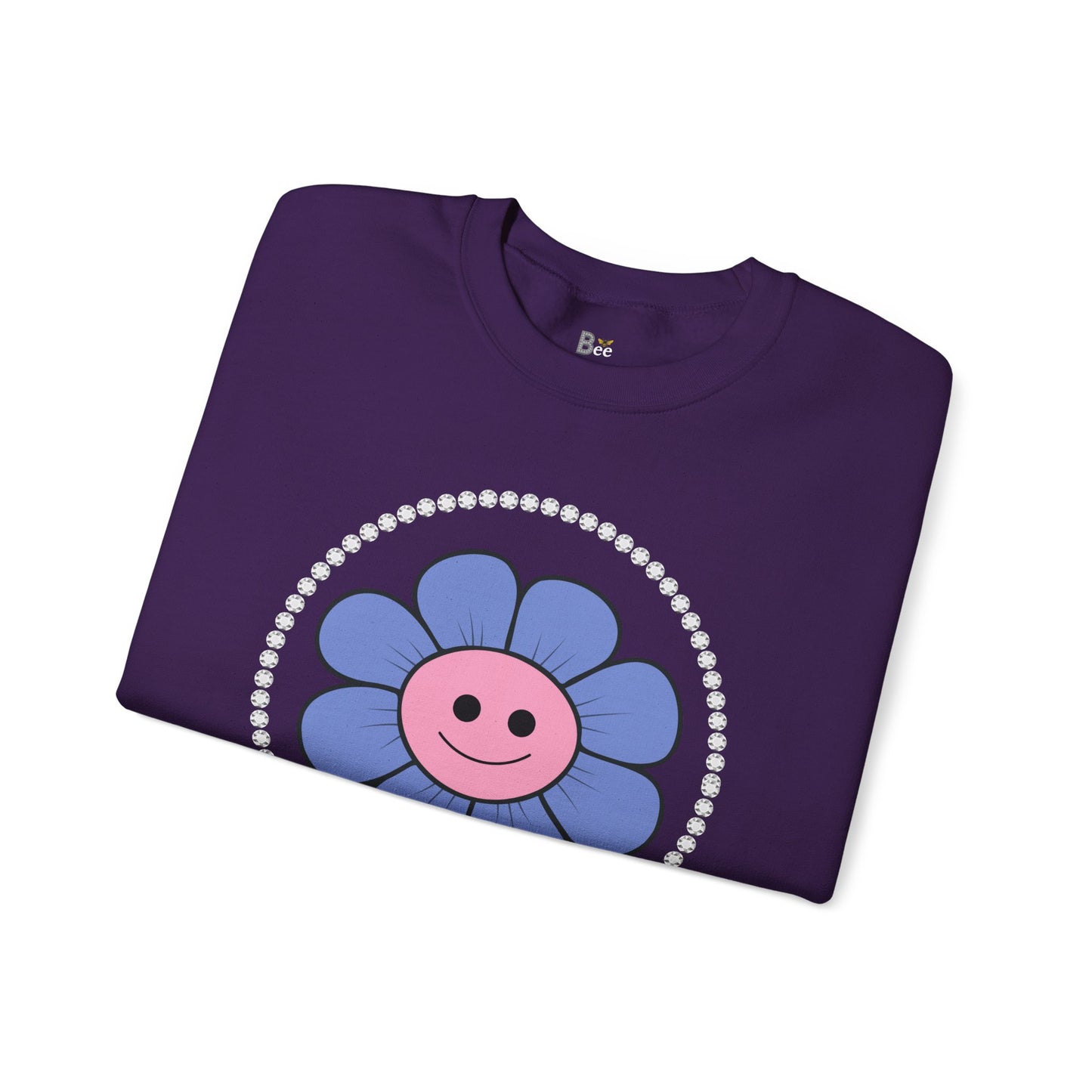 Boujee Flower Smiley Face Blue Pink - Heavy Blend™ Dark Colors Crewneck Sweatshirt