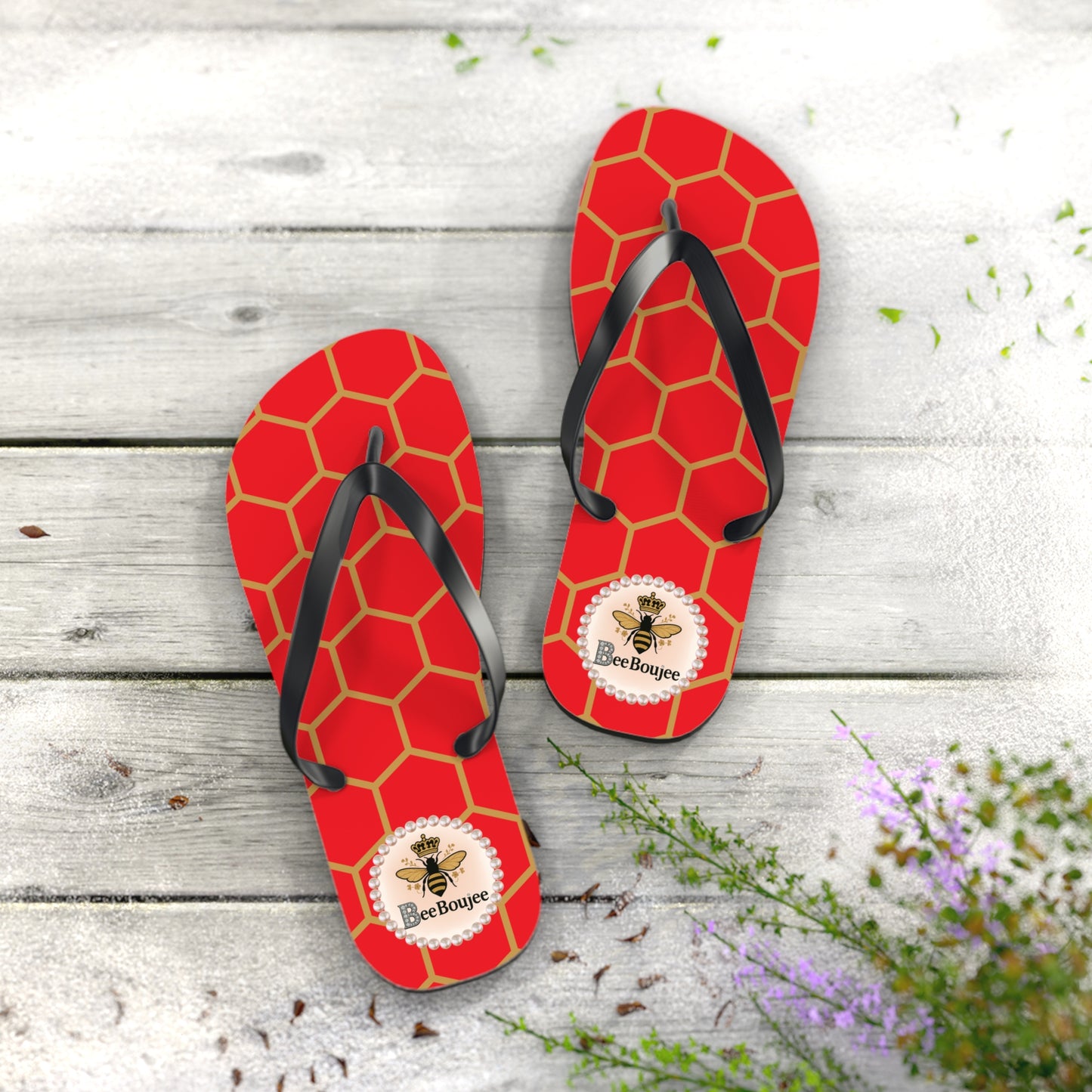 Bee Boujee Flip Flops - RED Golden Honeycomb - EXTRA LARGE