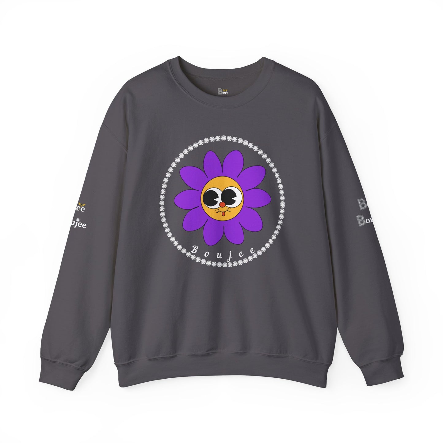 Boujee Flower Smiley Face Purple Gold Wide-Eyed - Heavy Blend™ Dark Colors Crewneck Sweatshirt