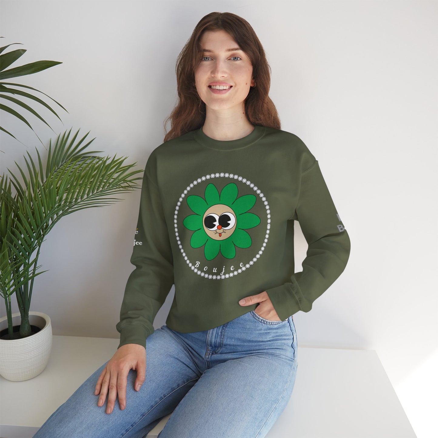 Boujee Flower Smiley Face Green Tan Wide-Eyed - Heavy Blend™ Dark Colors Crewneck Sweatshirt