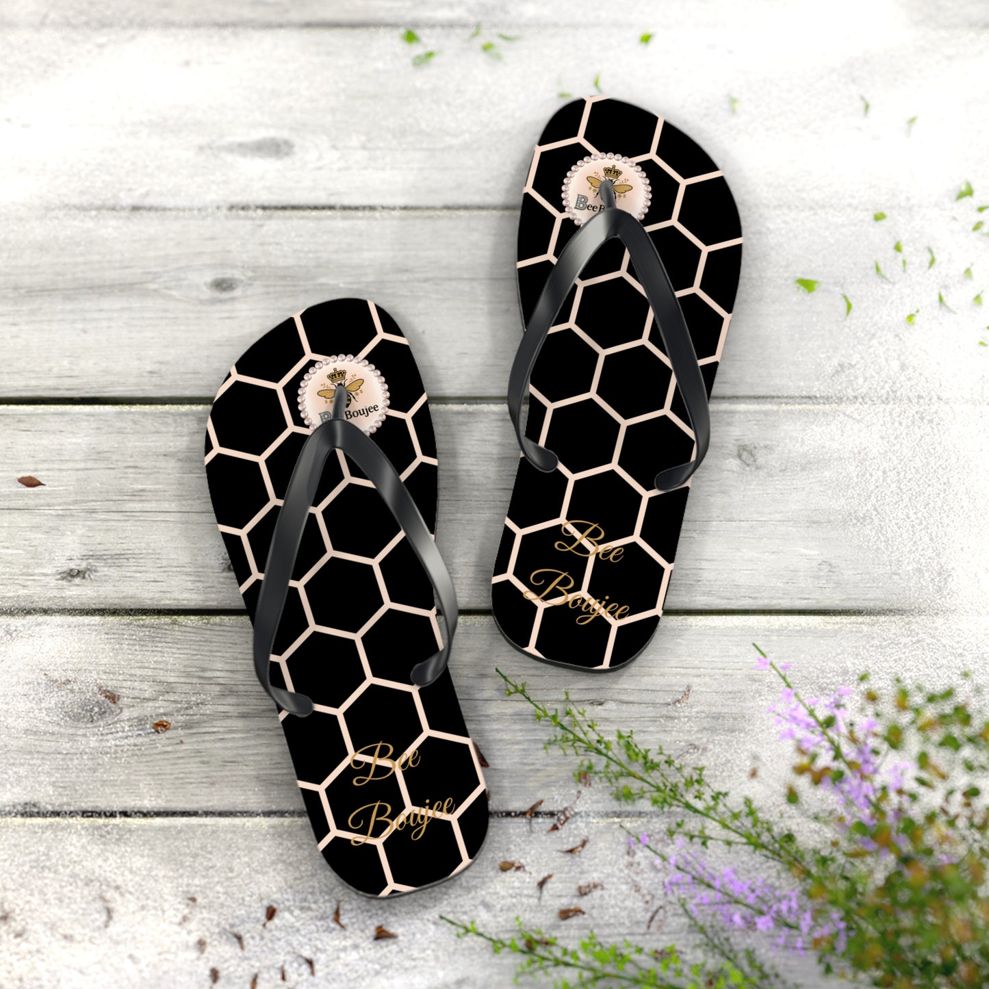 Bee Boujee Peach Honeycomb Flip-Flops (Black & Gold) - EXTRA LARGE
