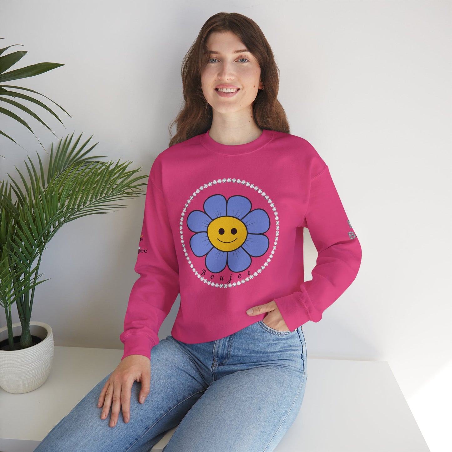 Boujee Flower Smiley Face Blue Gold - Heavy Blend™ Light Colors Crewneck Sweatshirt